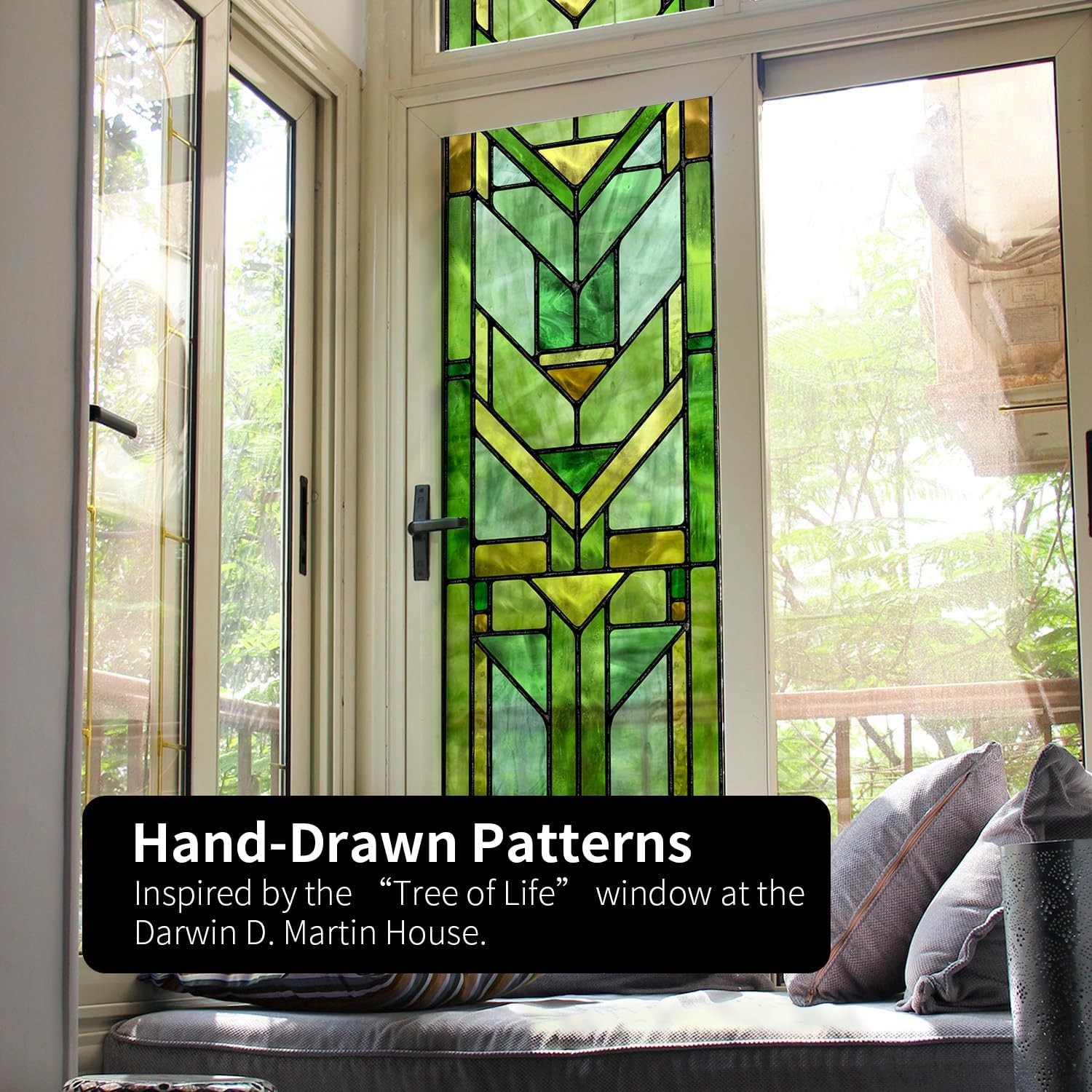 Faux Stained Glass Effect Transparent Window Film Original Hand Drawn Static US