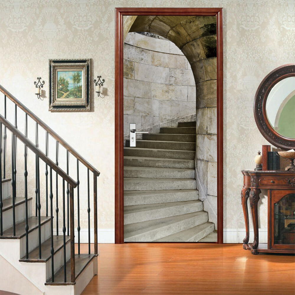 3D Wall Art Basement Stone Stair Door Sticker PVC Decal Self-adhesive Wrap Mural