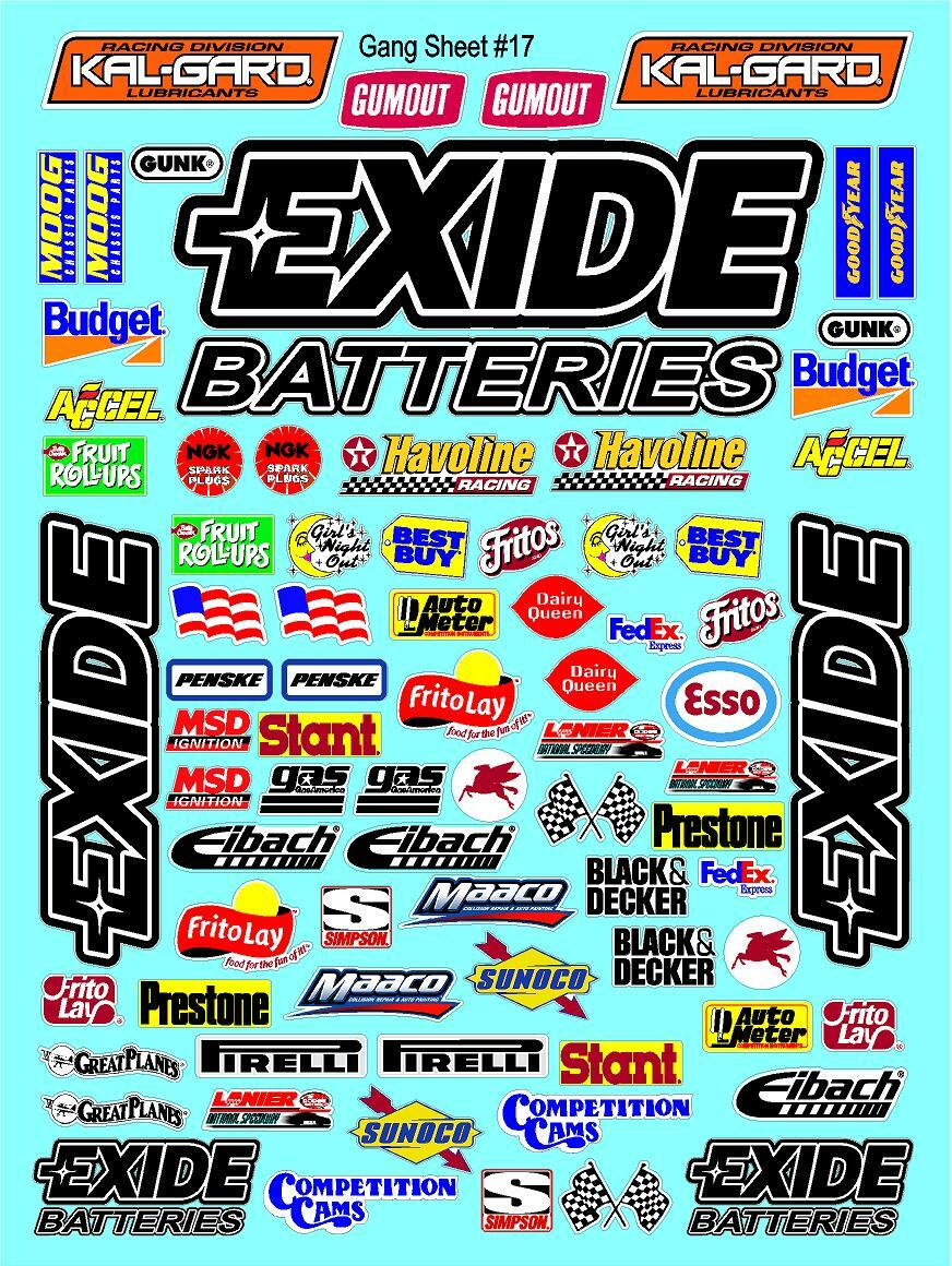 EXIDE Batteries Sticker Gang SHEET 17-R/C MODEL Decal 1/12-1/10-DIE CUT-NASCAR^^