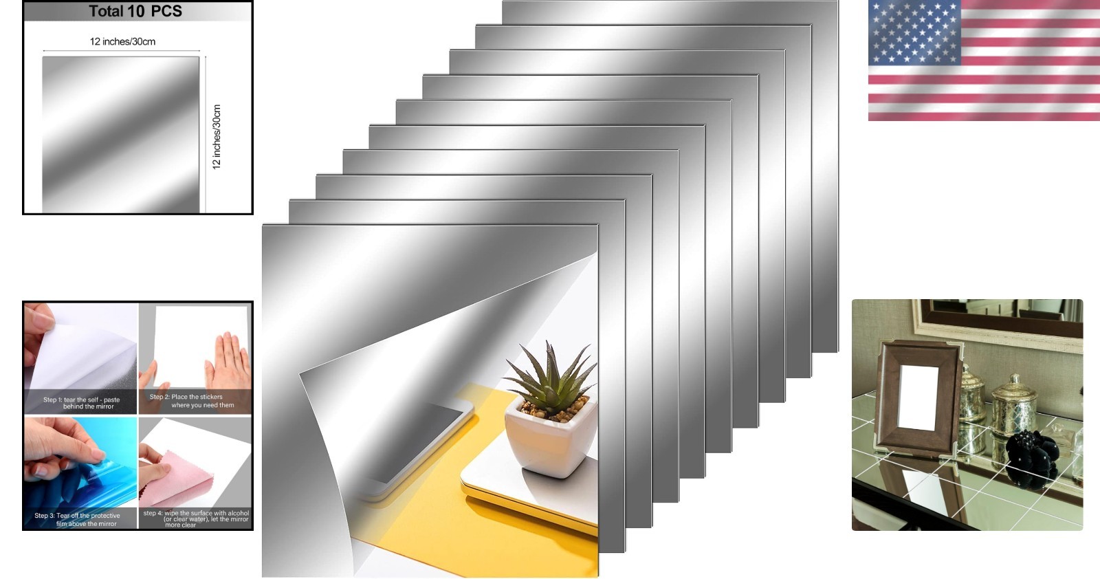 Set of 10 Self-Adhesive Flexible Mirror Sheets for Chic Home Decor – 12×12 in