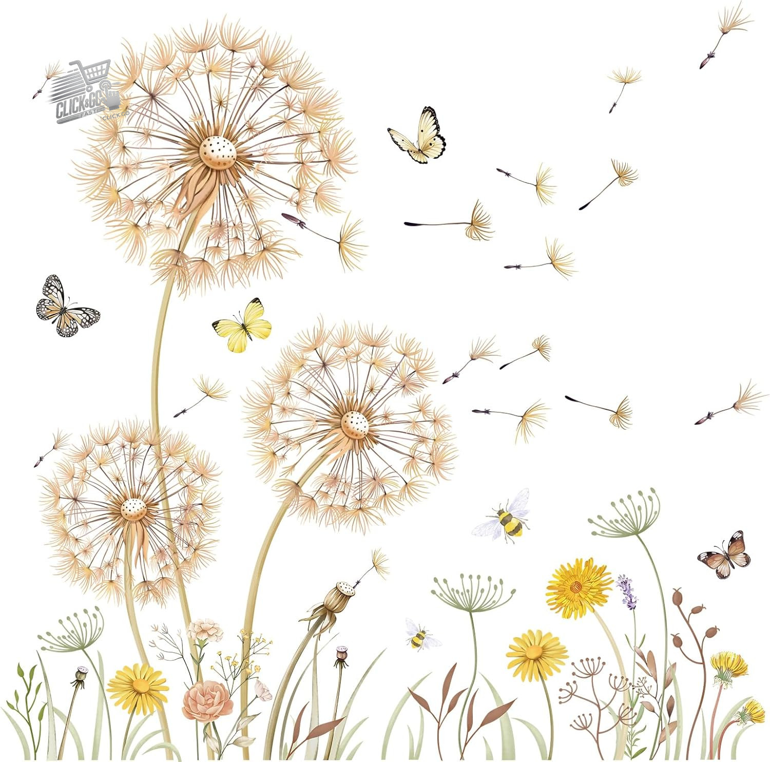 Butterflies Blue Dandelion Shower Head PVC Wall Stickers Bedroom Bed Living Room