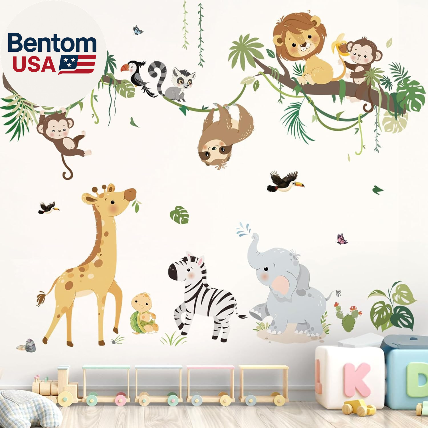 Jungle Animals Tree Branch Wall Decals Safari Monkey Giraffe Lion Wall Stickers