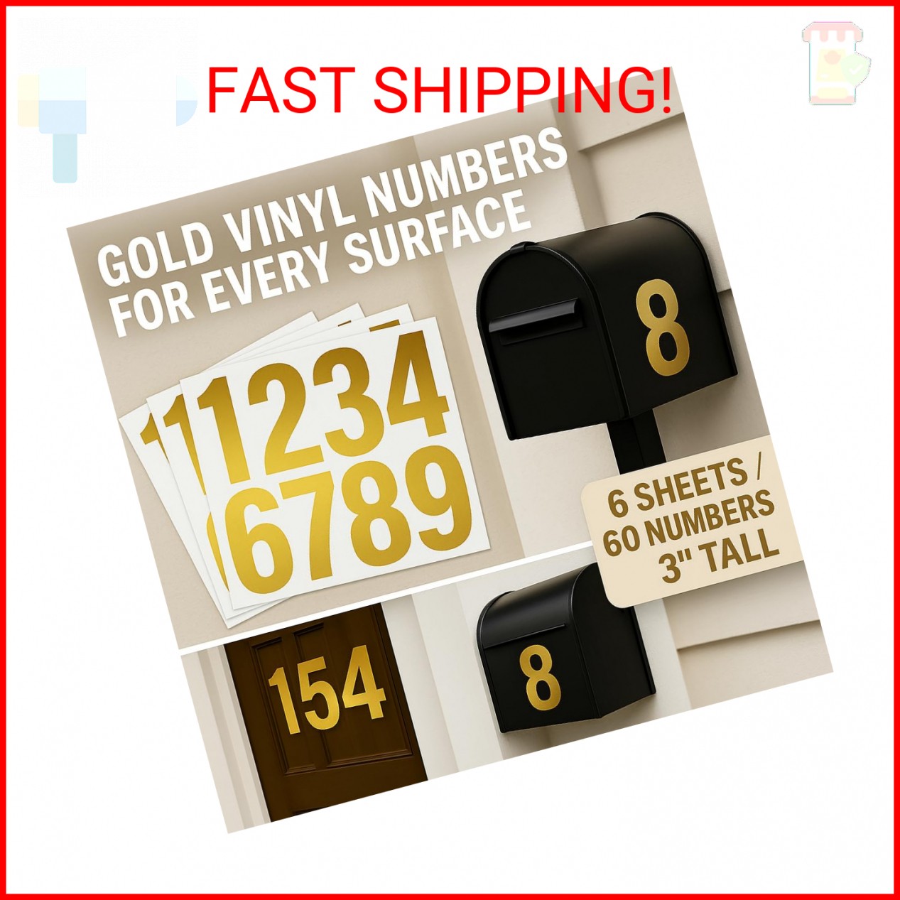 60PCS 3 Inch Gold Vinyl Number Stickers – Waterproof Adhesive Numbers 0-9 for Ma