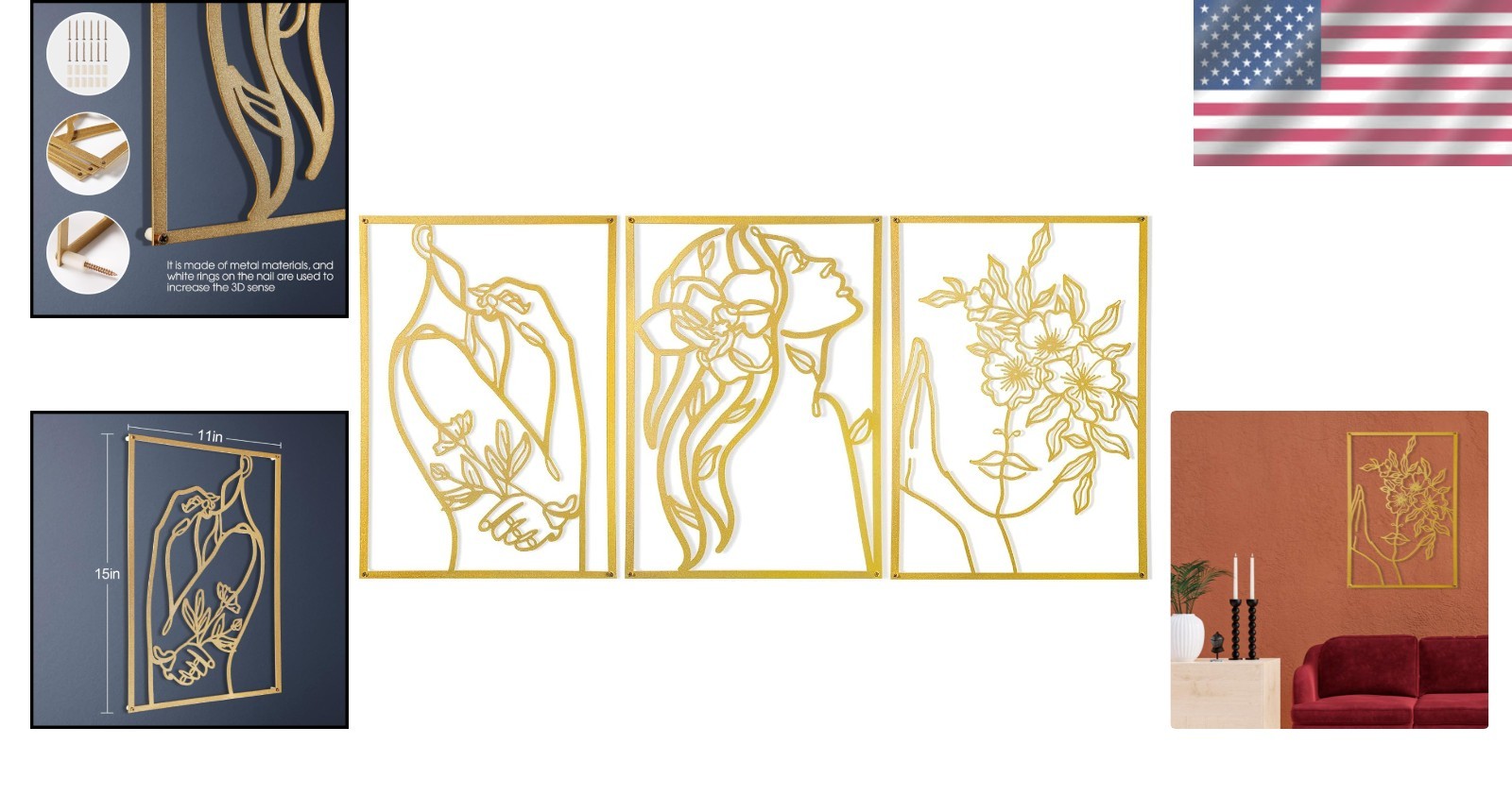 Sophisticated Gold Wall Art Set – 3-Pcs for Bedrooms, Offices & Living Rooms