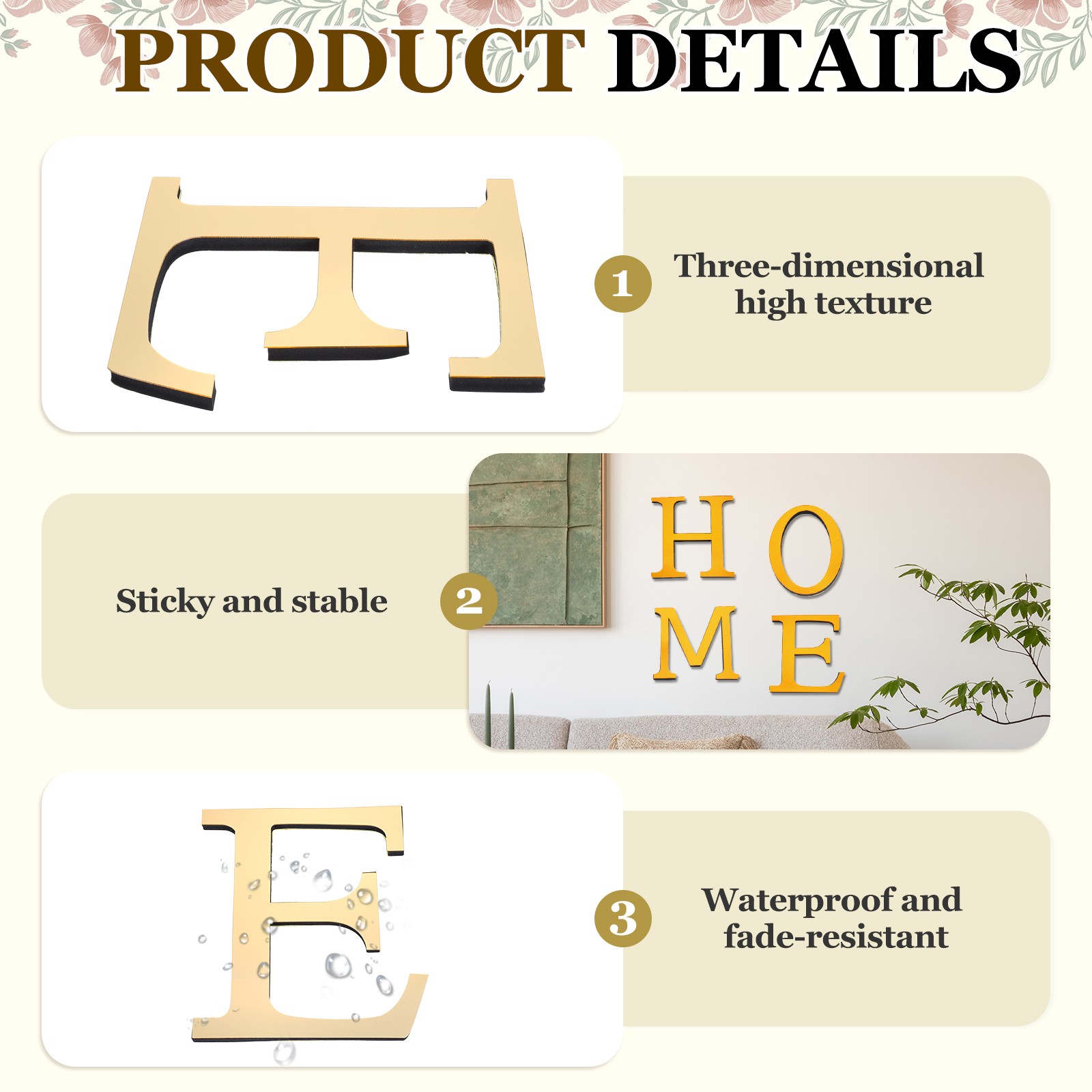 7.87 Inch 3D Acrylic Alphabet Mirror Wall Stickers Letter E Light Gold