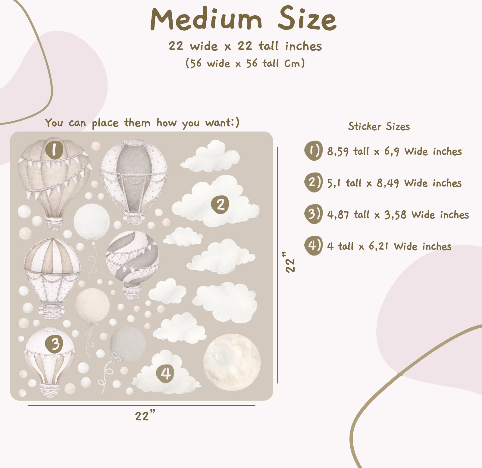 Pastel Hot Air Balloon Wall Stickers, Unisex Nursery Decor, Boho Wall Decal Set