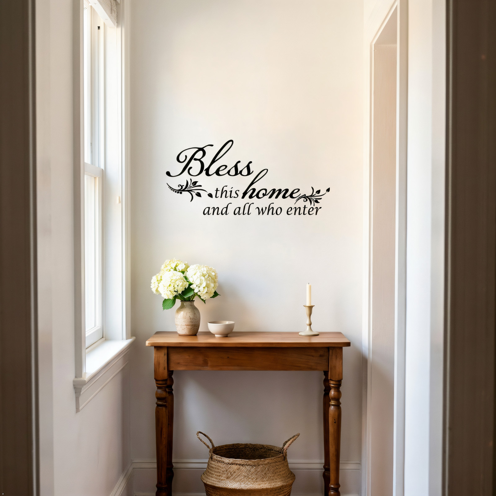 Bless This Home and All who Enter Vinyl Wall Decal Entryway Living Bible Verse