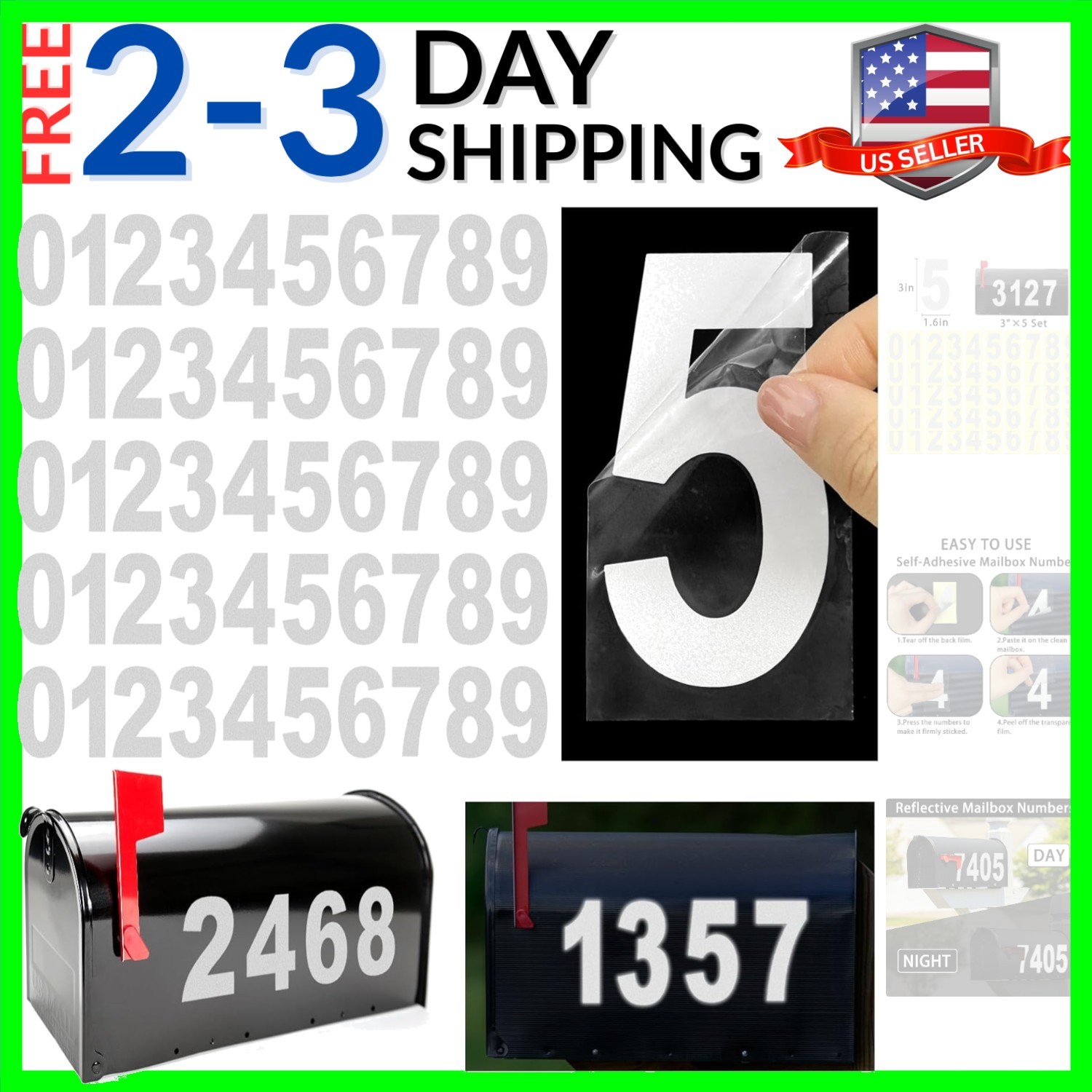 3 inch Reflective Mailbox Numbers Sticker 0-9, 5 Sets for Outside, Strong Sel…