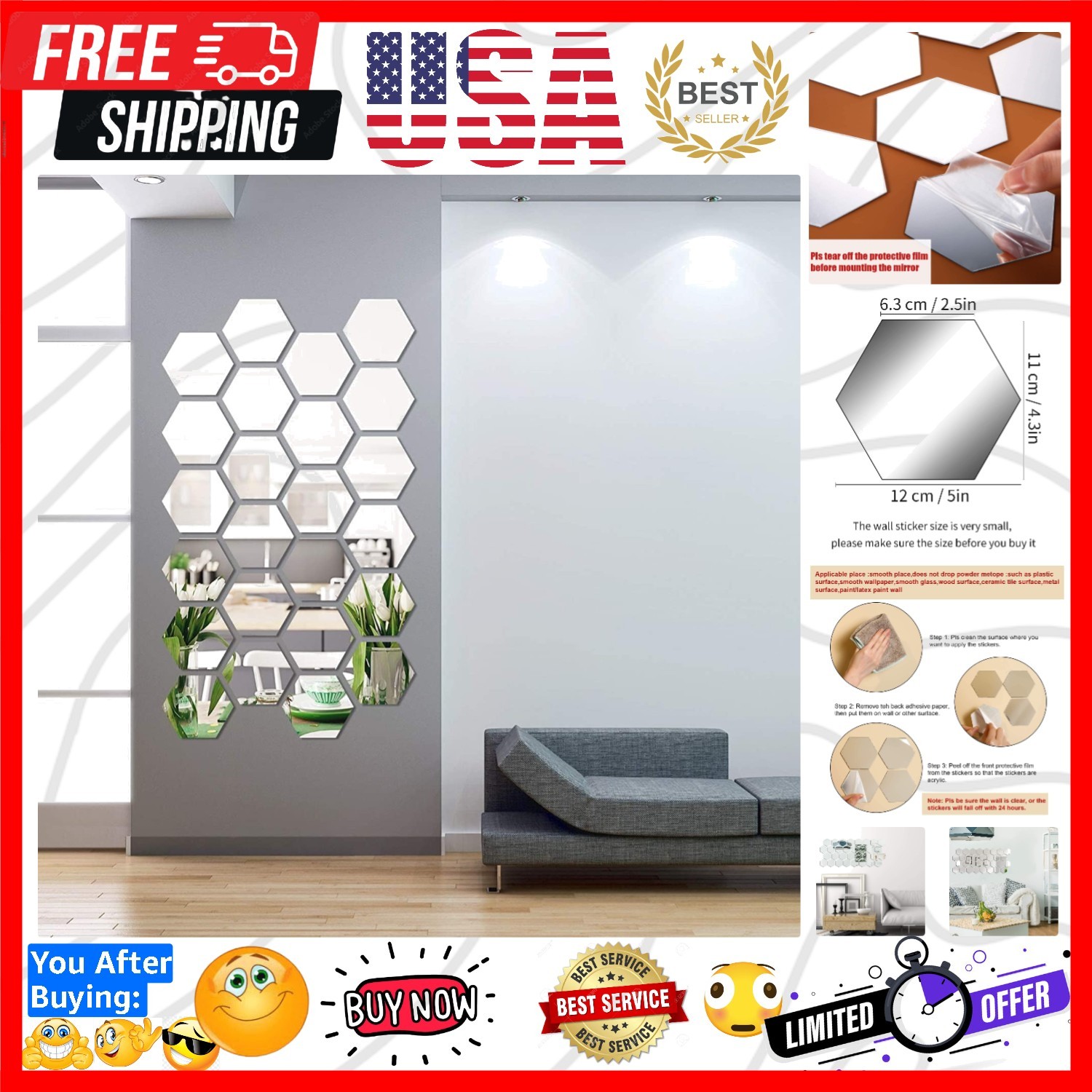 24 Pieces Removable Acrylic Mirror Setting Wall Sticker Decal for Home Living…