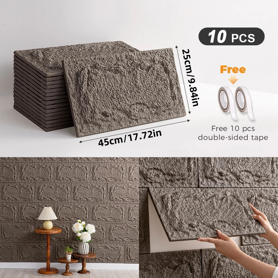 10Pcs 3D Self-Adhesive Stone Wall Panels 10Mm Thickness PU Wall Panels Wall Deco