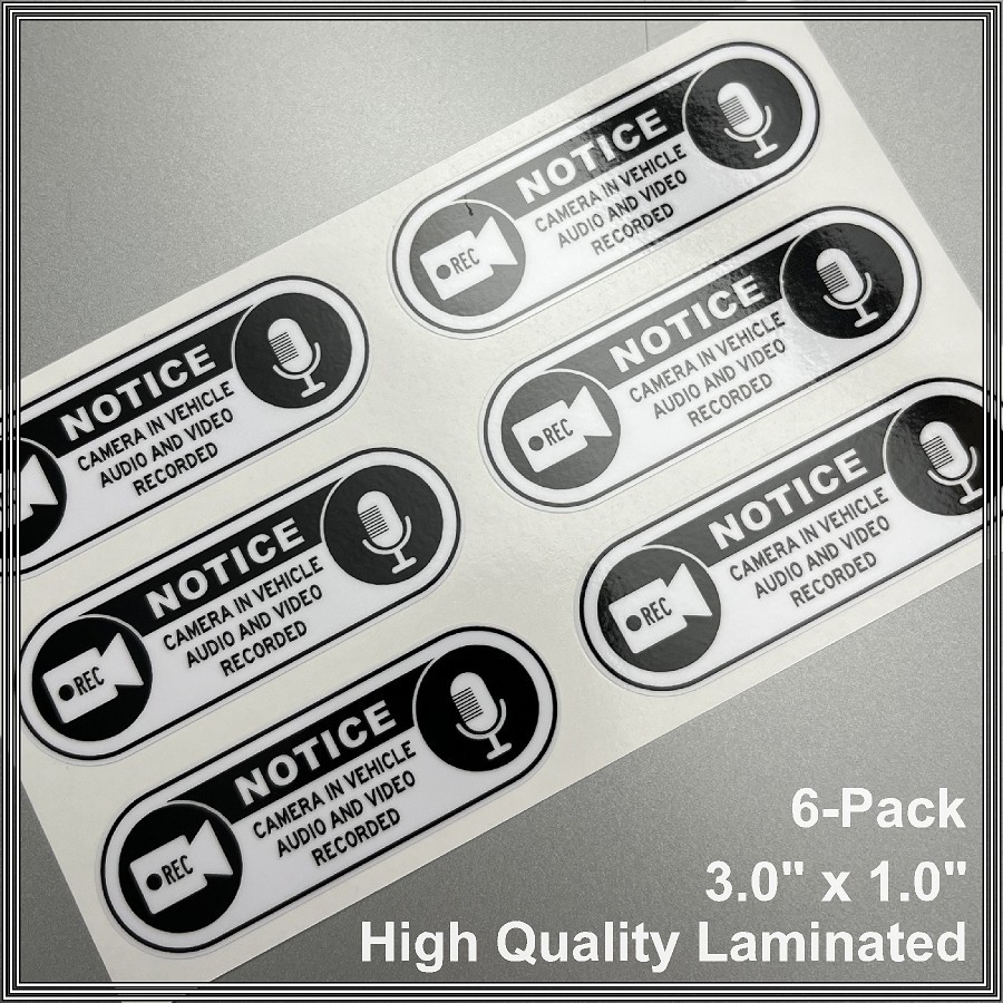 Camera in Car Recording Video 6-Pack Decals White & Black 3.0" x 1.0" for Uber