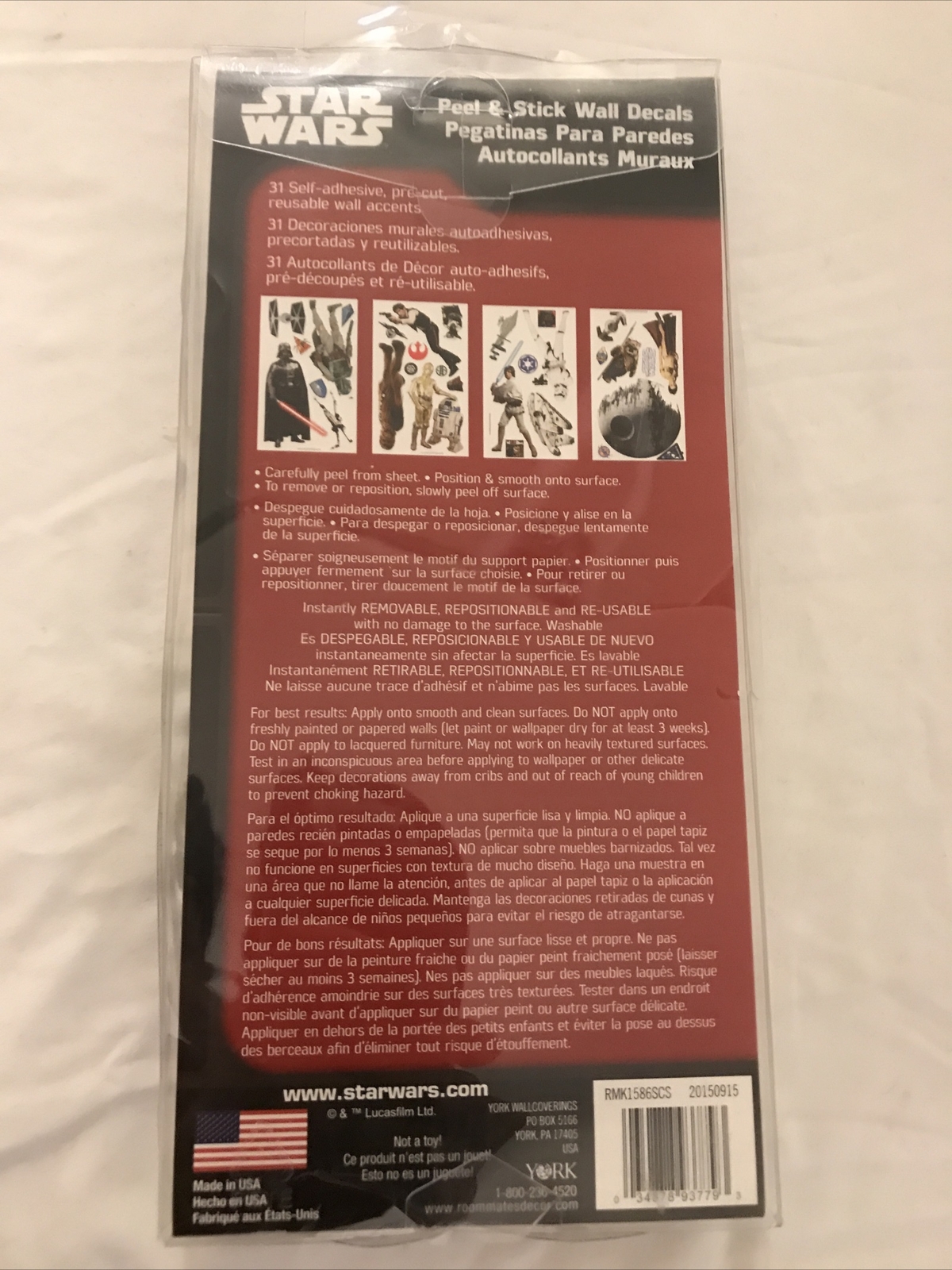 Brand New Sealed Package Disney Star Wars Peel & Stick 31 Wall Decals