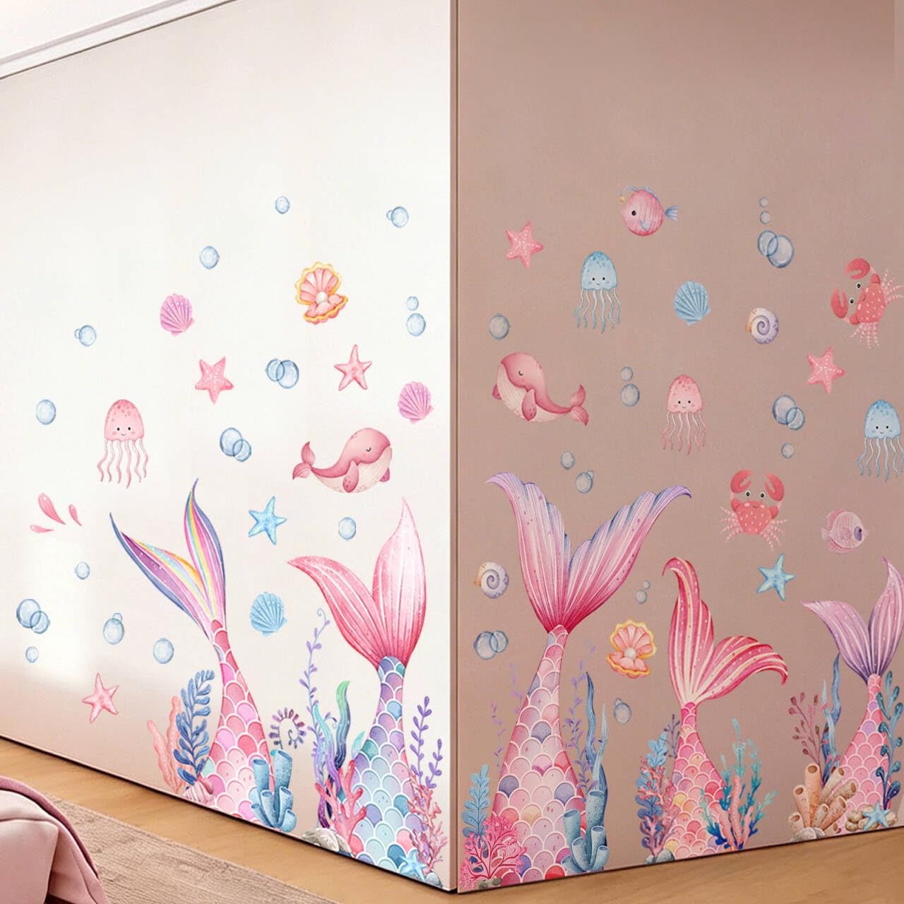 sunoyar Mermaid Wall Stickers for Girls, Pink | Peel and Stick Mermaid Wall A…