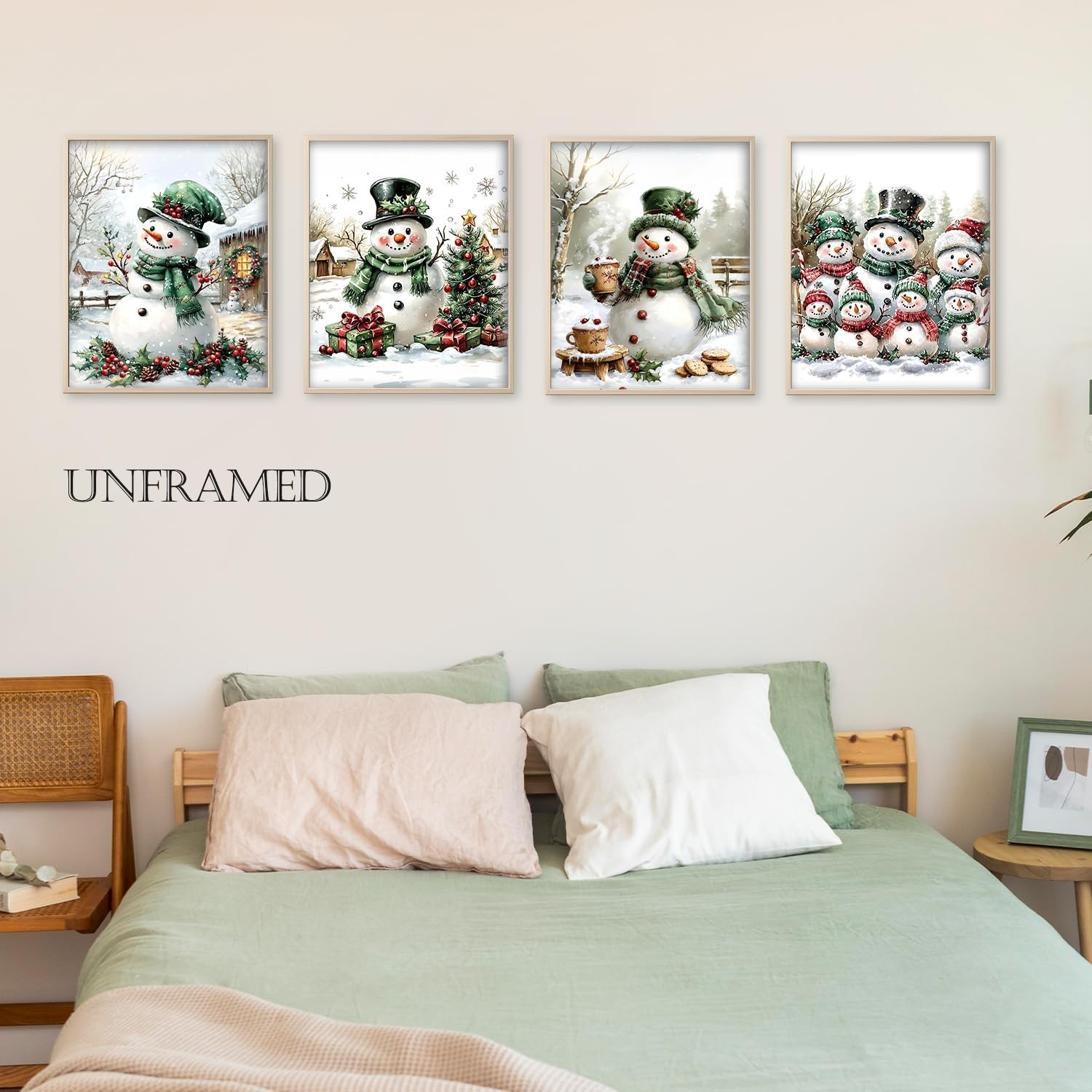 Qabliqo Vintage Christmas Snowman Wall Art Prints Set of 4, Holiday Winter Ch…