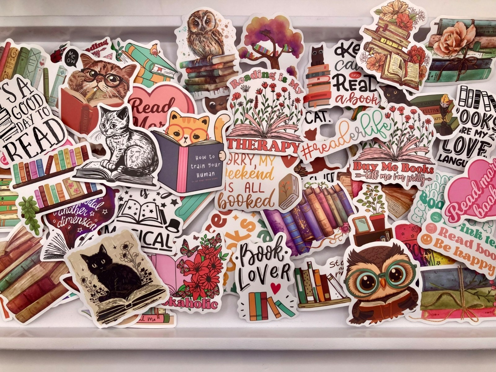 Book Lover-Themed Sticker Pack of 50 -Cats & Quotes For Journals Laptops -120B