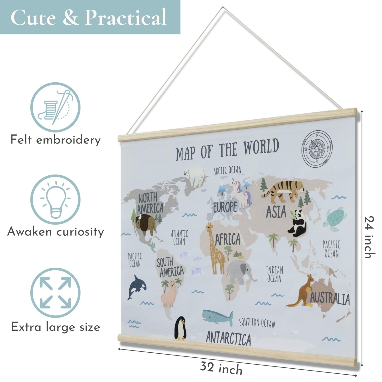 32 x 24 Inch Embroidered World Map Poster for Kids with Wood Hanger – Neut