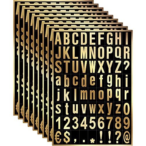 8 Sheets Self-Adhesive Vinyl Letters Numbers Kit, Mailbox 1 Inch Gold in Black
