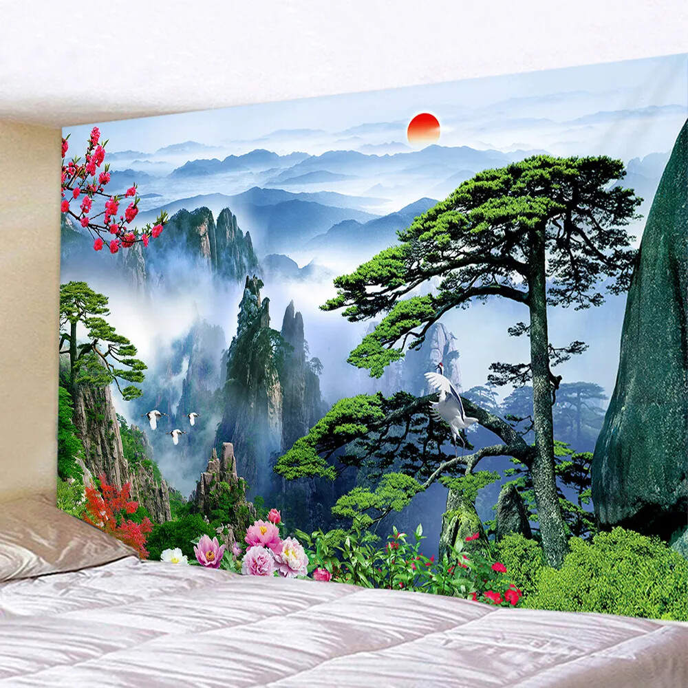 Nature Landscape Tapestry Chinese Scenery Painting Home Decor Mountain Waterfall