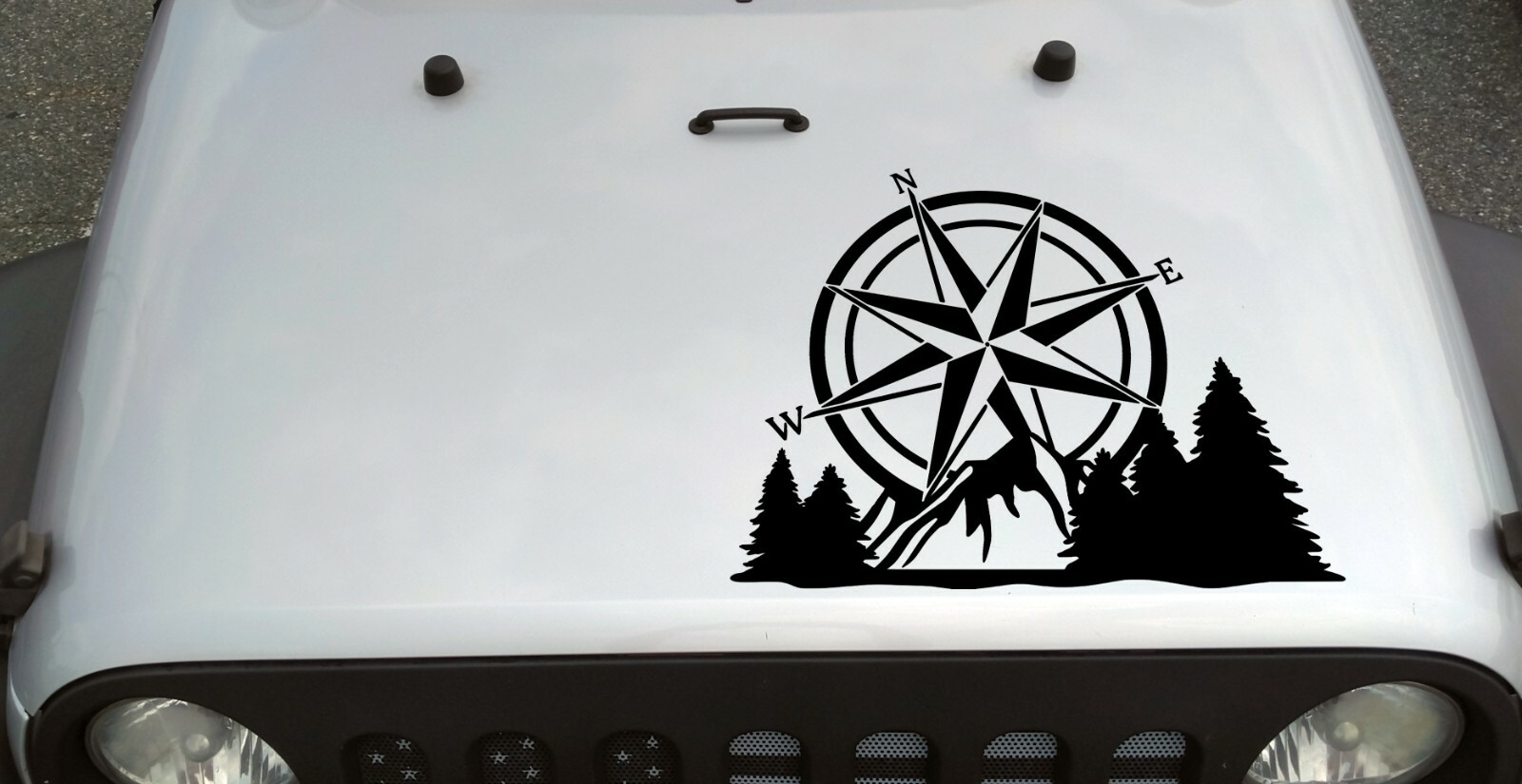 Compass Mountain Forest Scene V2 | Camping RV Graphics Scenery | Die Cut Sticker