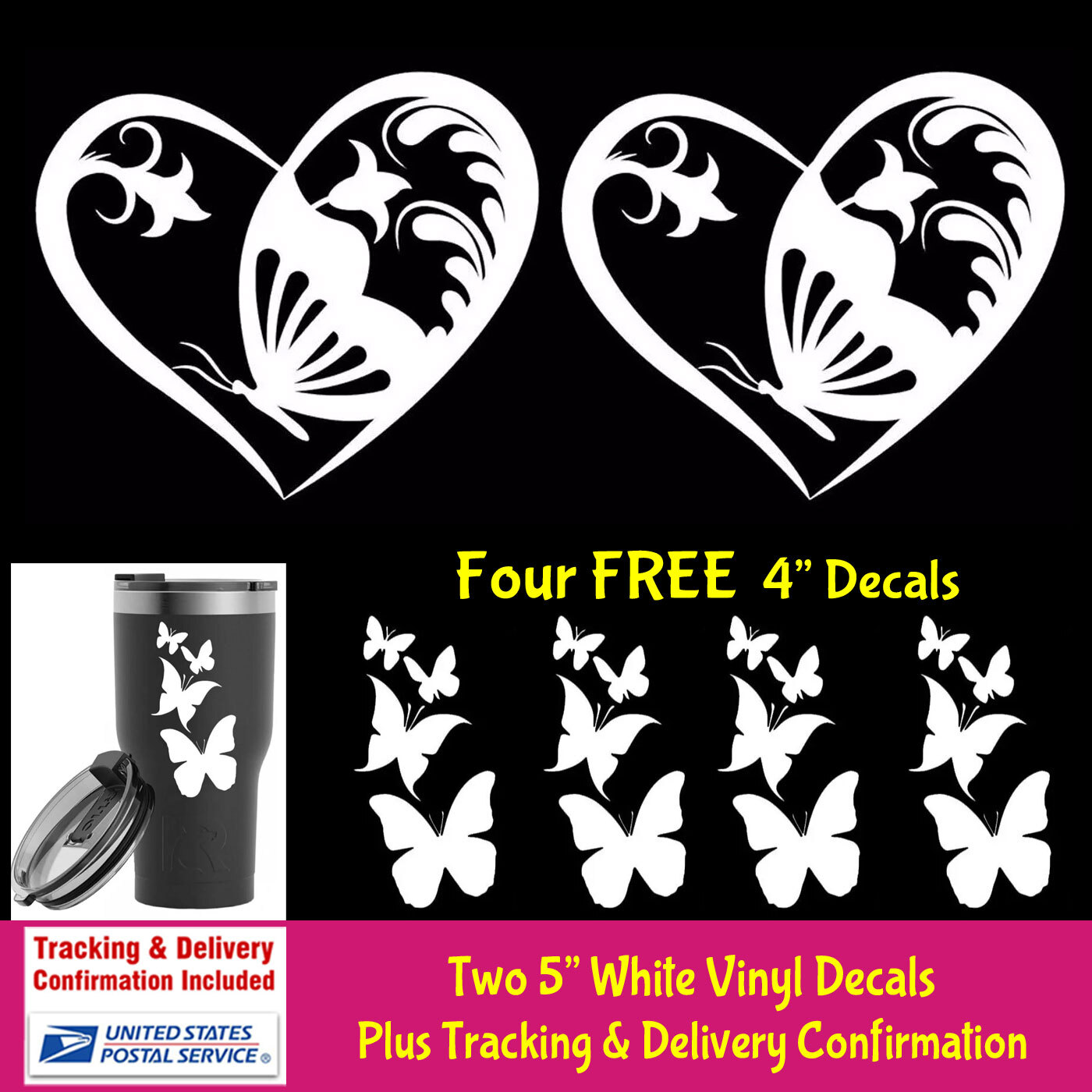 Floral Butterfly Heart TWO Pack 5" Vinyl Decal Car Window Tablet Laptop Tumbler