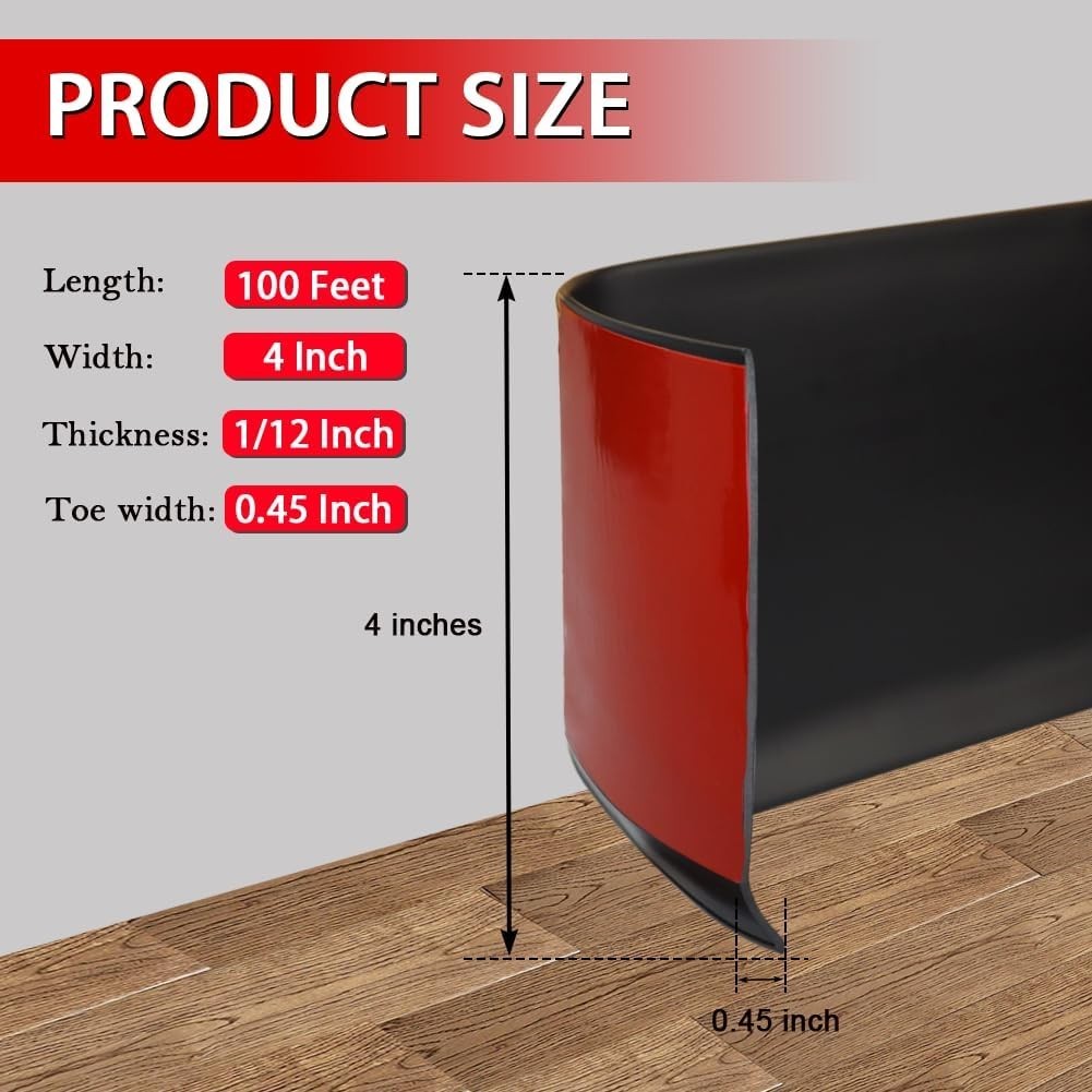 Decorative Vinyl Baseboard 4 Inch x 100 Feet Black Self Adhesive Flexibility