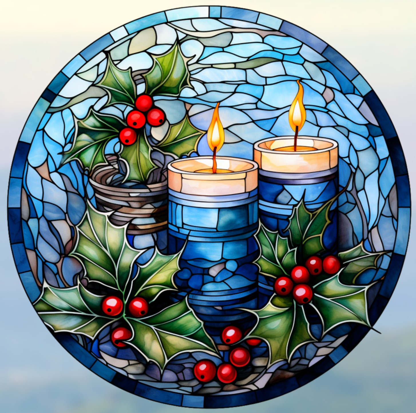 Christmas Candles & Holly Faux Stained Glass WINDOW CLING Size 8" Round Vinyl