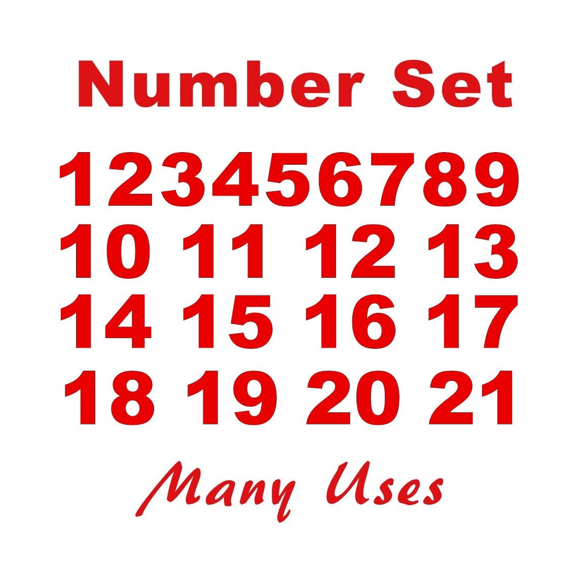 Numbers Set 1 – 21 Vinyl Decal Stickers Color RED – Vehicle Id Sports Boards