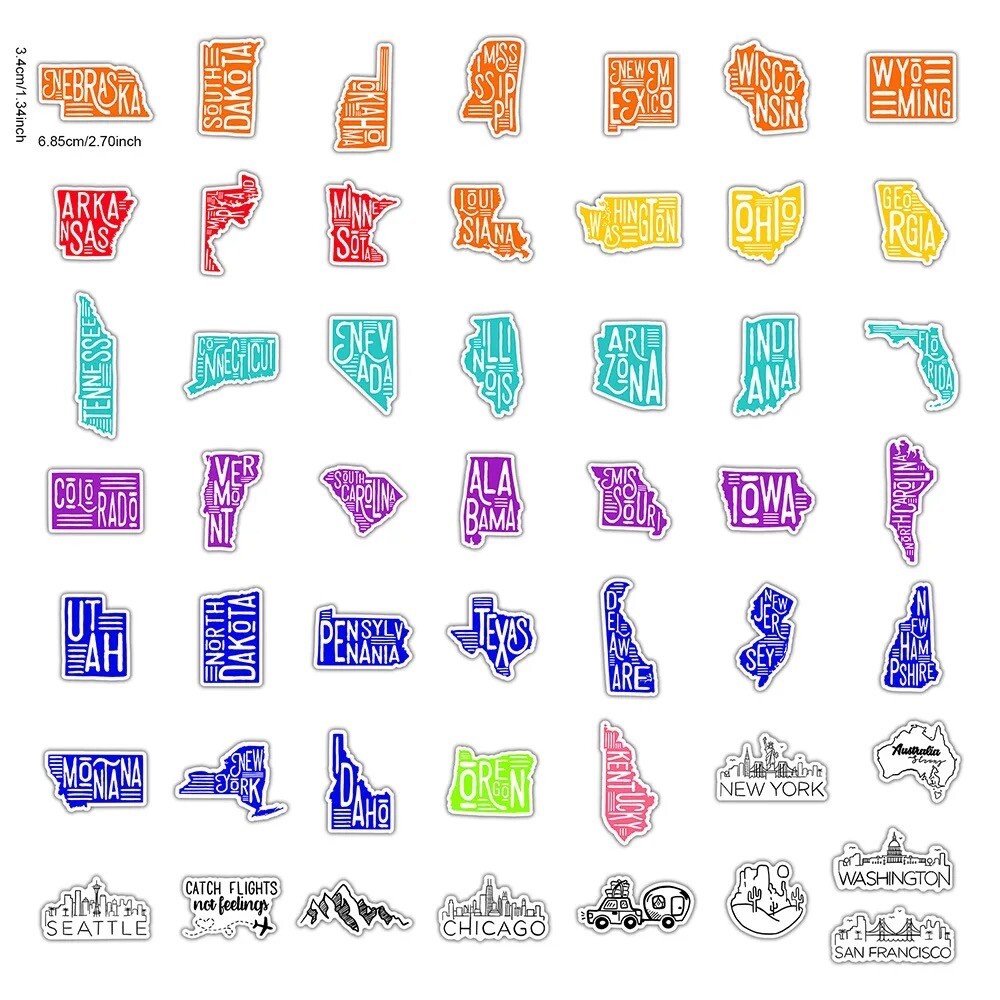 50 Travel Text Stickers US States Tourist Decals Hydro Laptop Yeti Free Shipping