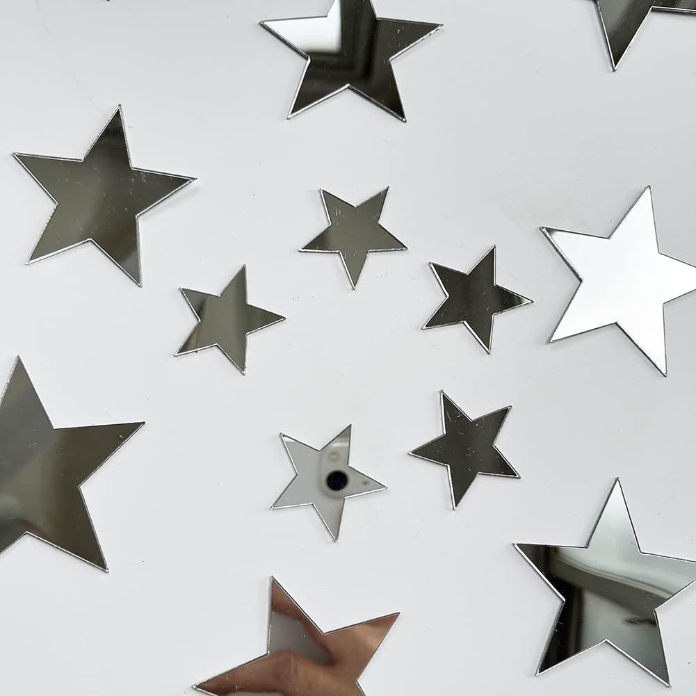 40Pcs Silver Stars Acrylic Mirror Wall Stickers with Adhesive Art Decal Satin…