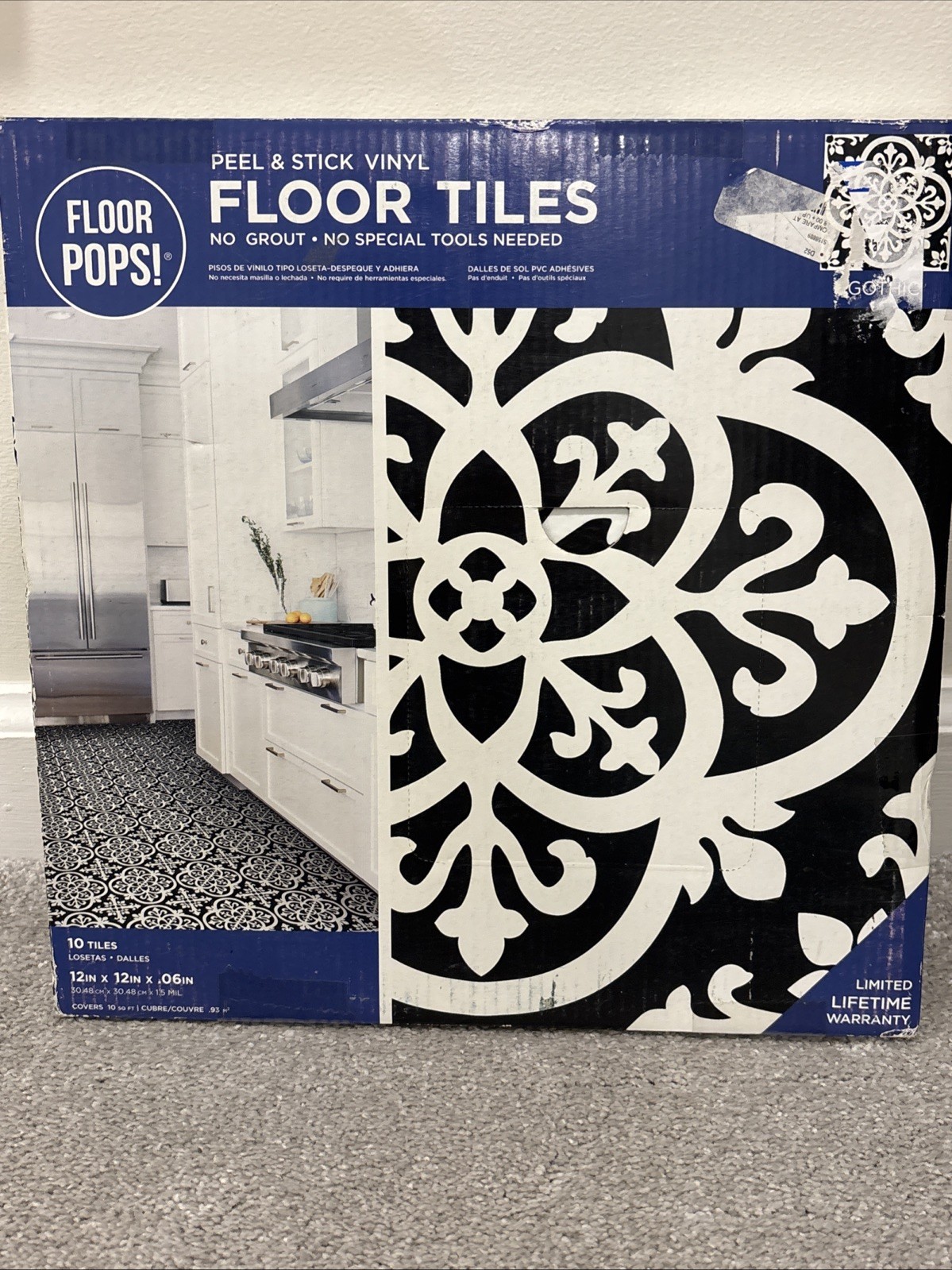 FloorPops Black Gothic Peel & Stick Floor Tiles, FP2475 12"L x 12"W x 0.06"T