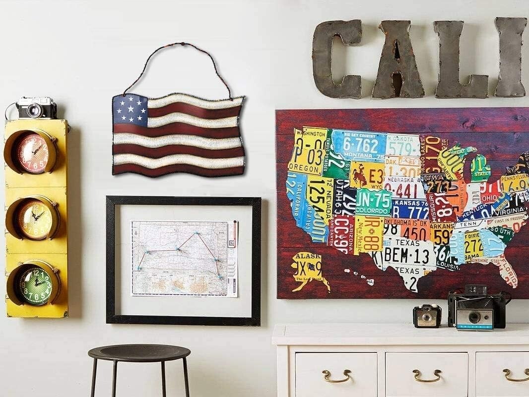 Metal American Flag Sign Patriotic Hanging Wall Art Decorative Iron Plaque Vinta