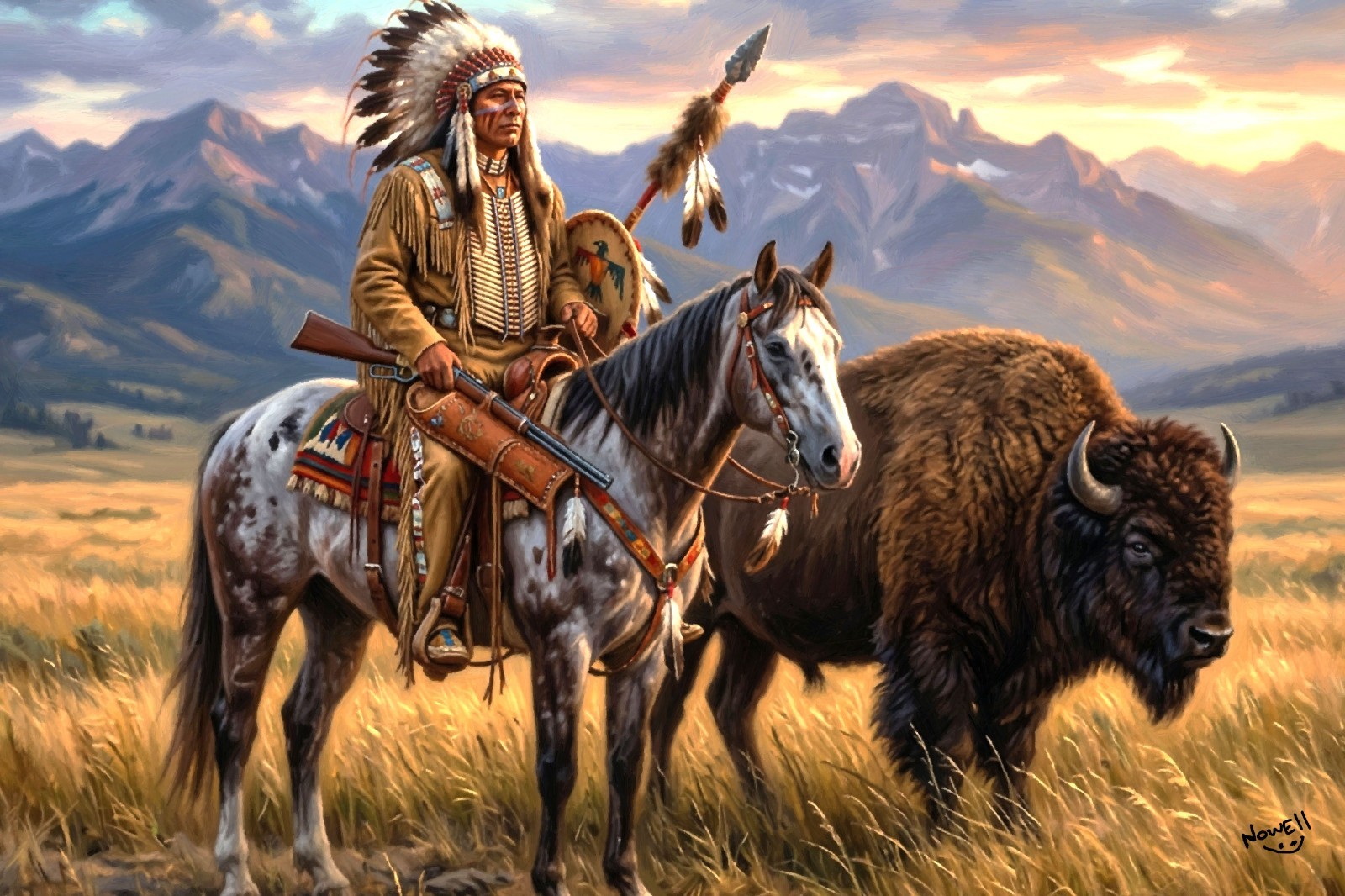 Native American Indian Chief & Buffalo, Best Friends Gallery Canvas Wrap SN/LE