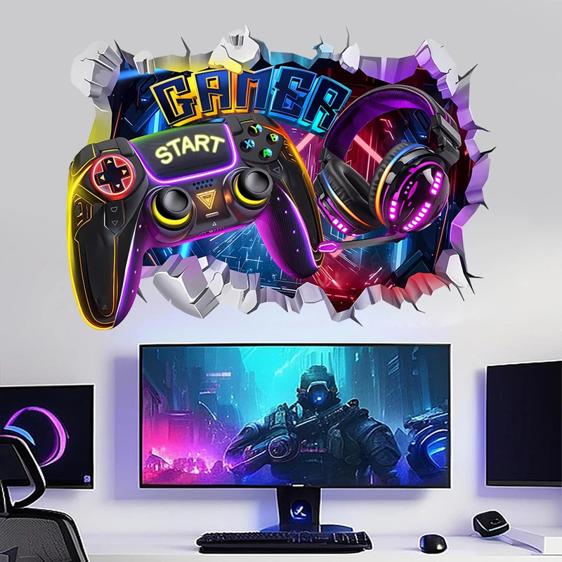 3D Broken Wall Gaming Controller Vinyl Sticker Kids Room Boy Bedroom Decor