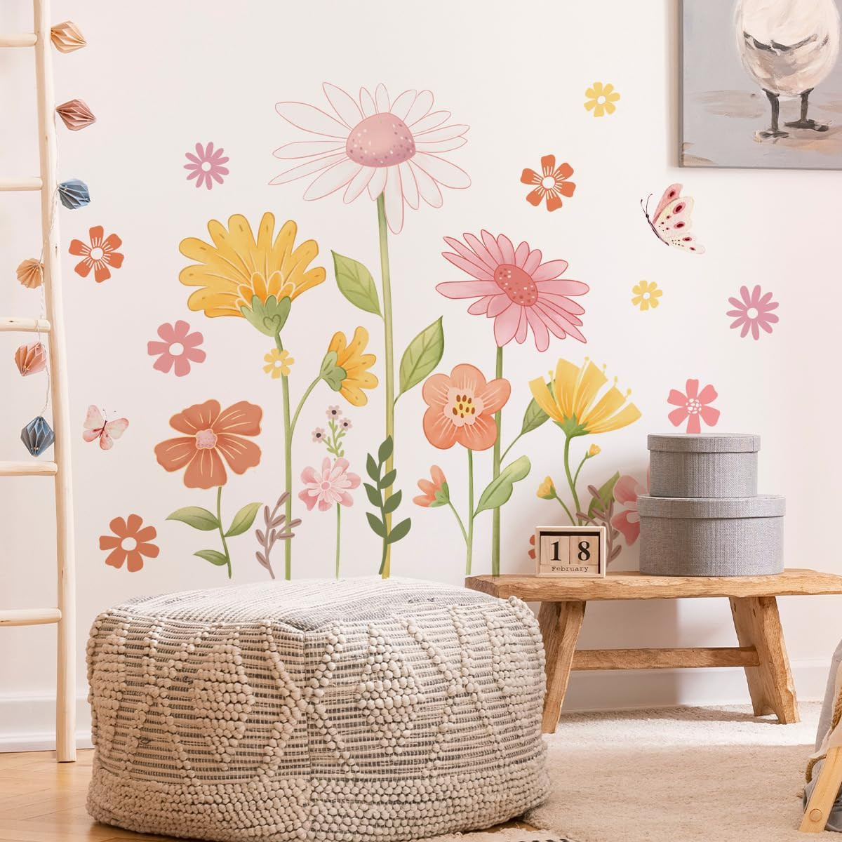 Boho Flower Wall Stickers, Daisy Butterfly Wall Decals, PVC Waterproof Self Adhe