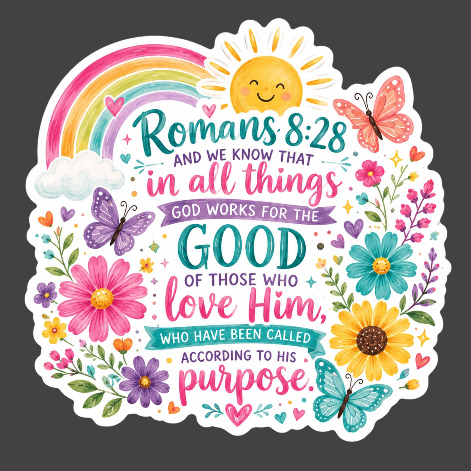 Romans 8:28 Sticker Vinyl Decal Christian Bible Verse Floral Rainbow Faith Gift
