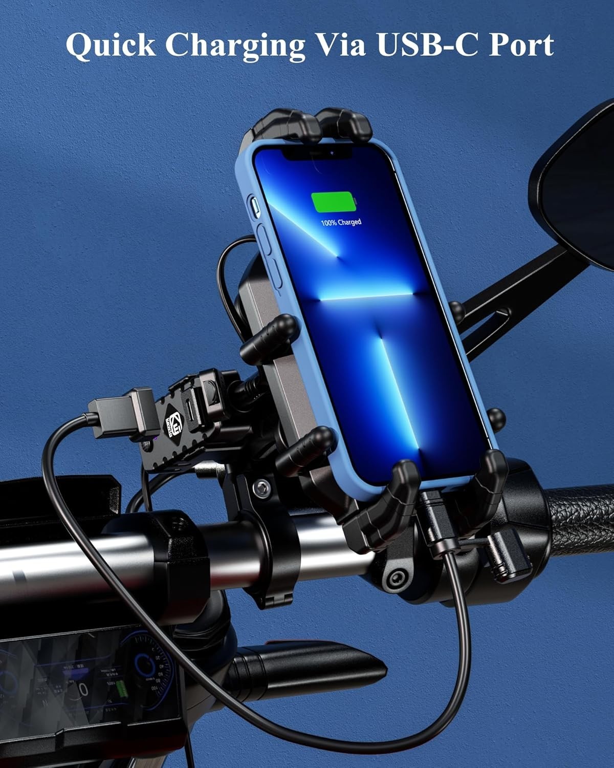 Motorcycle Phone Mount Holder with Qi 15W Wireless Charger & 30W PD/USB-C Fast C