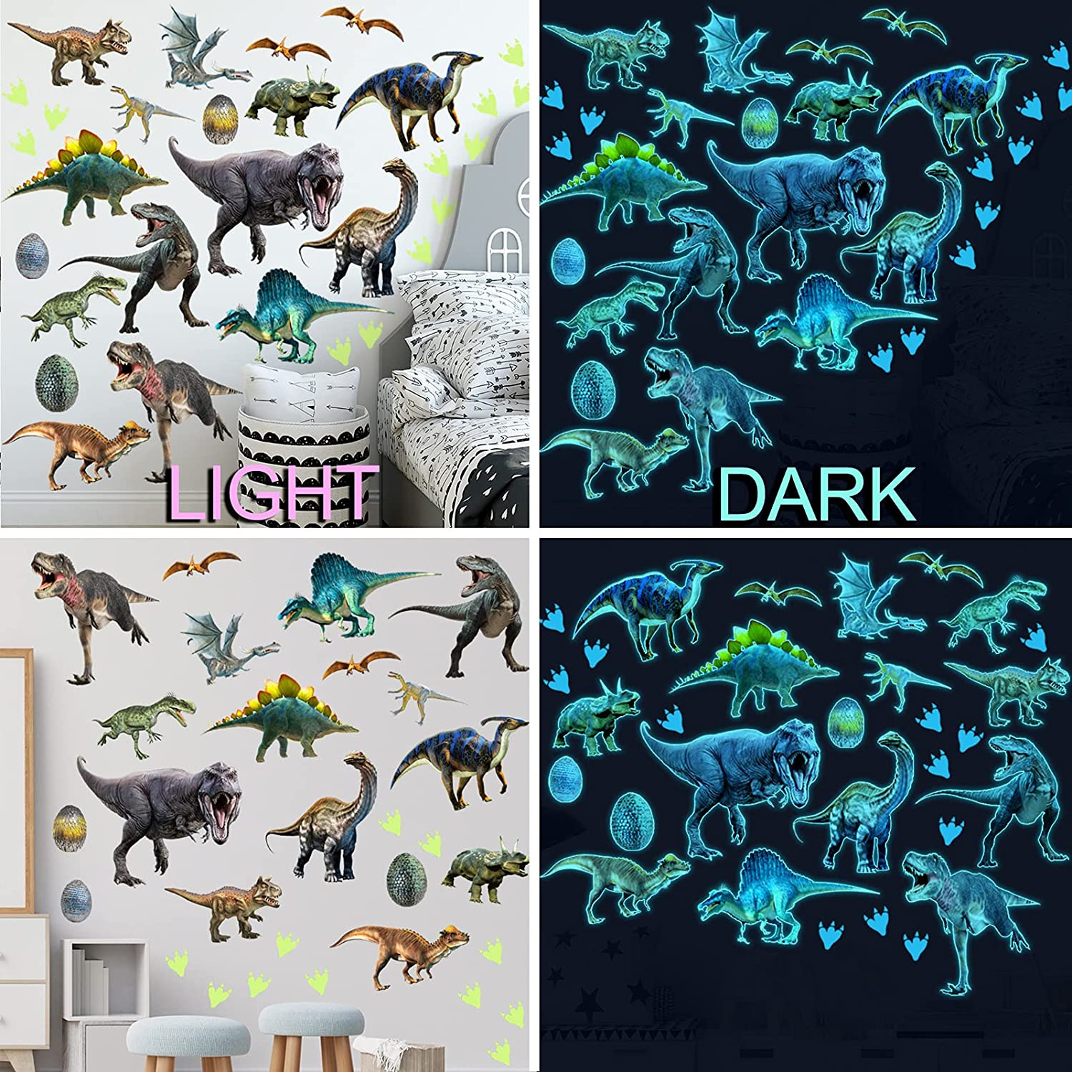 Glow in the Dark Dinosaur Wall Decals Stickers for Kids Bedroom Nursery Decor