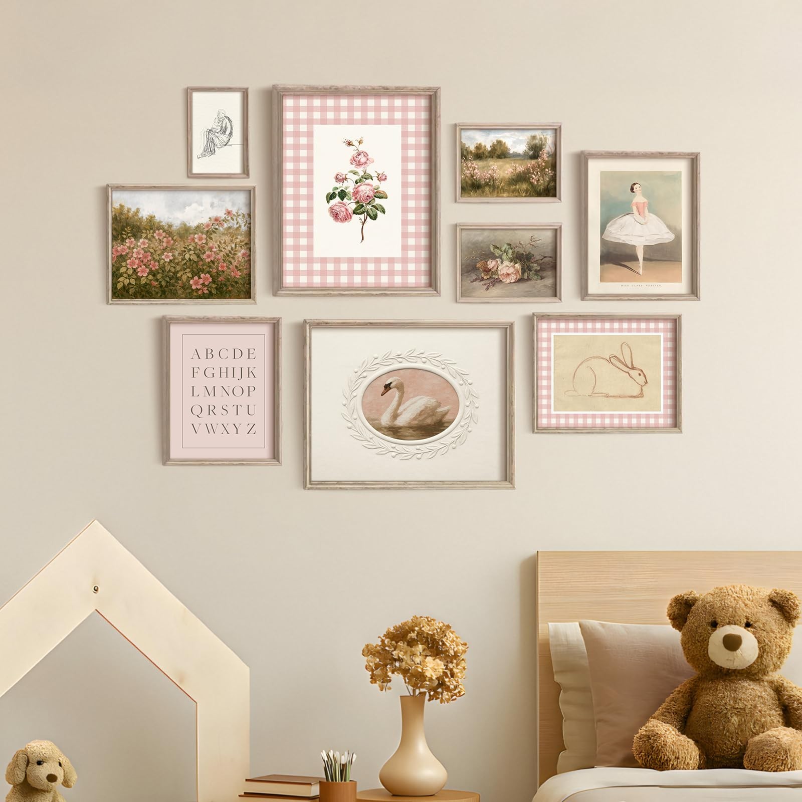 Vodefoad Pink Nursery Wall Art Set Retro Baby Girl Nursery Wall Decor Cute Ki…