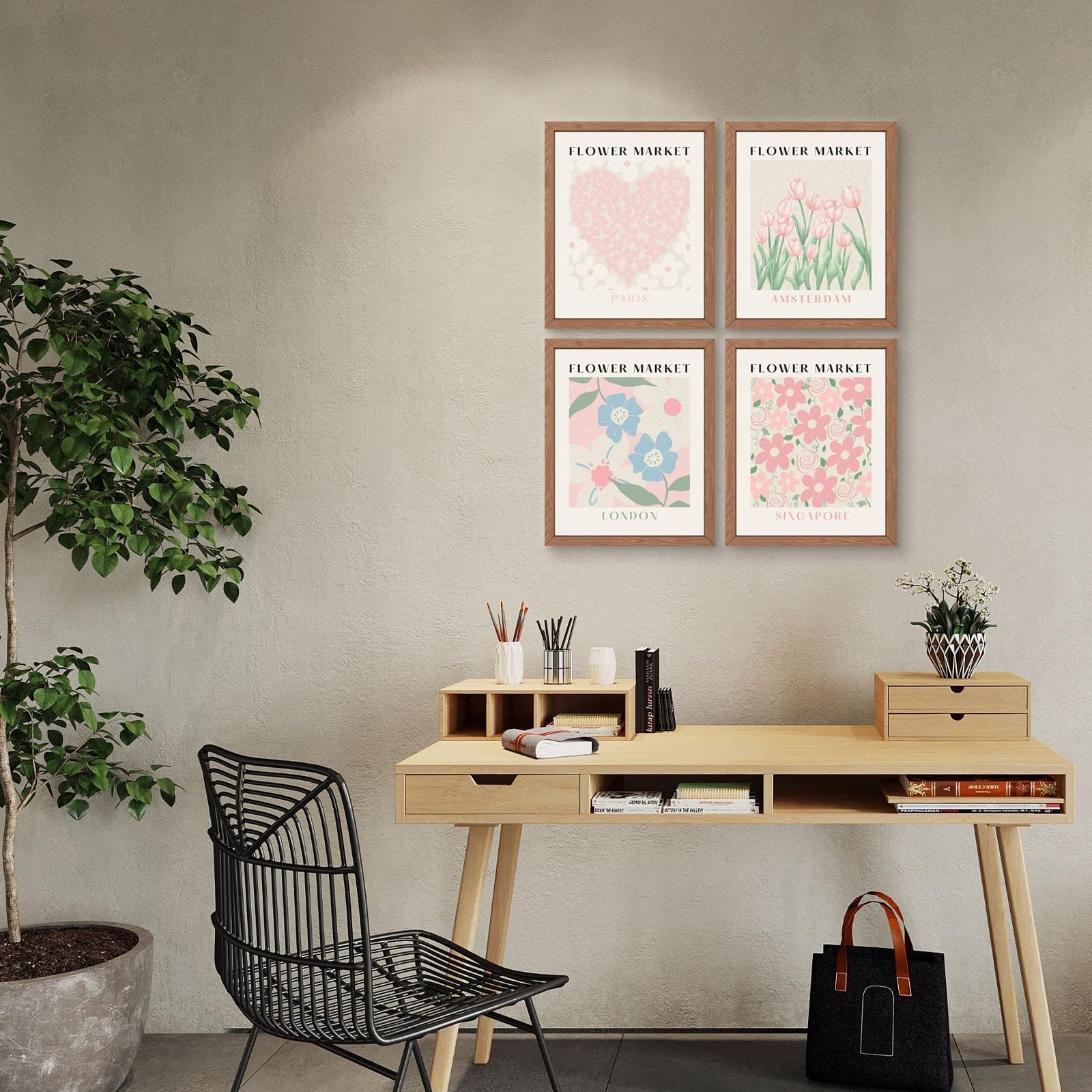 Flower Market Print Wall Art – Pink Tulip Floral Abstract Matisse Decor, Aest…