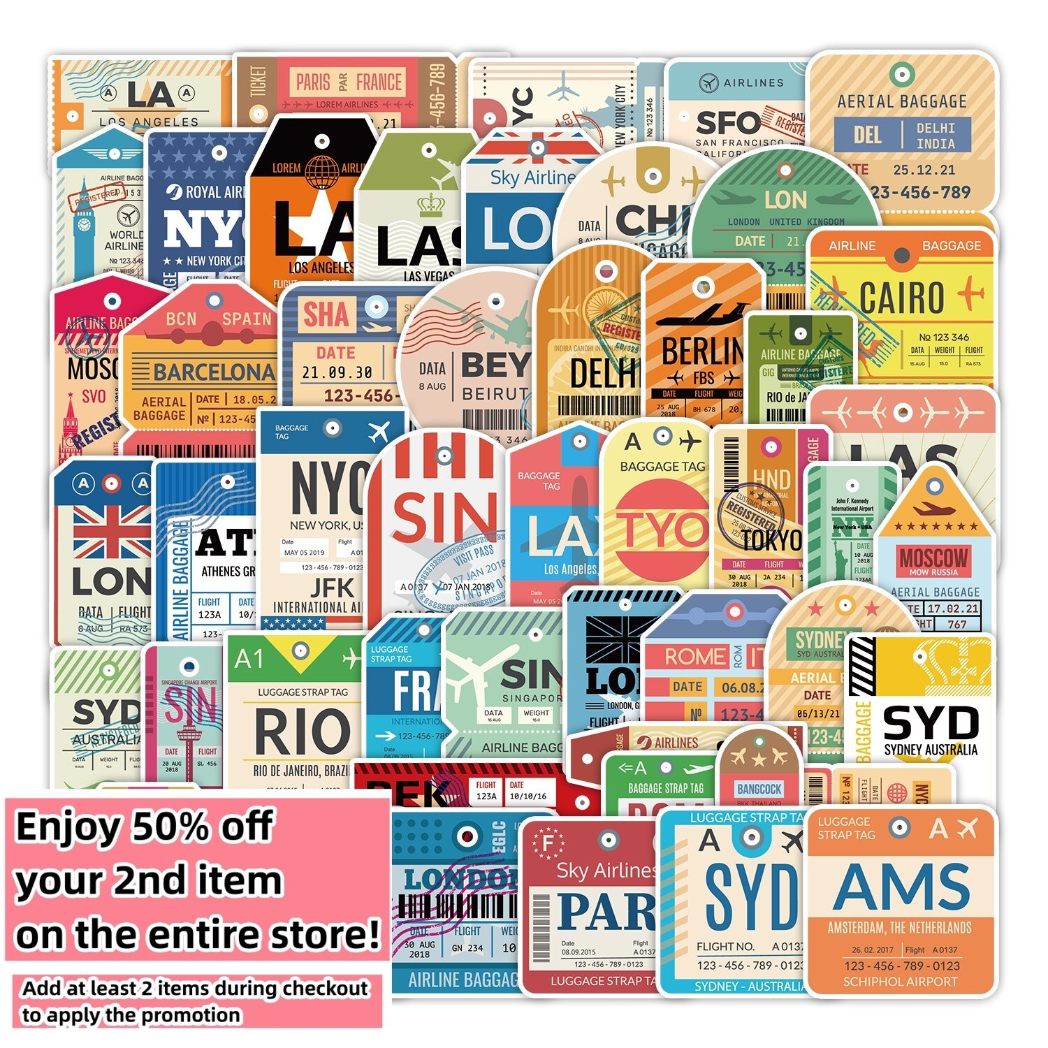 50 Pcs Stickers Boarding Pass Travel Trip Skateboard Luggage Phone Car Fridge