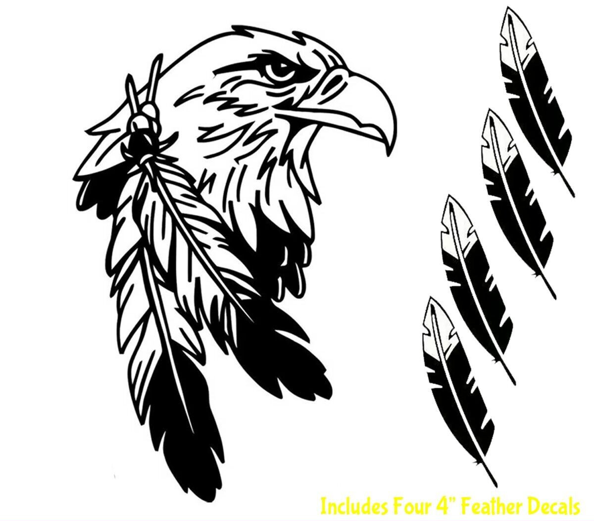 Eagle with Native Feathers Black Vinyl Decals Car Window Laptop Tablet Mailbox