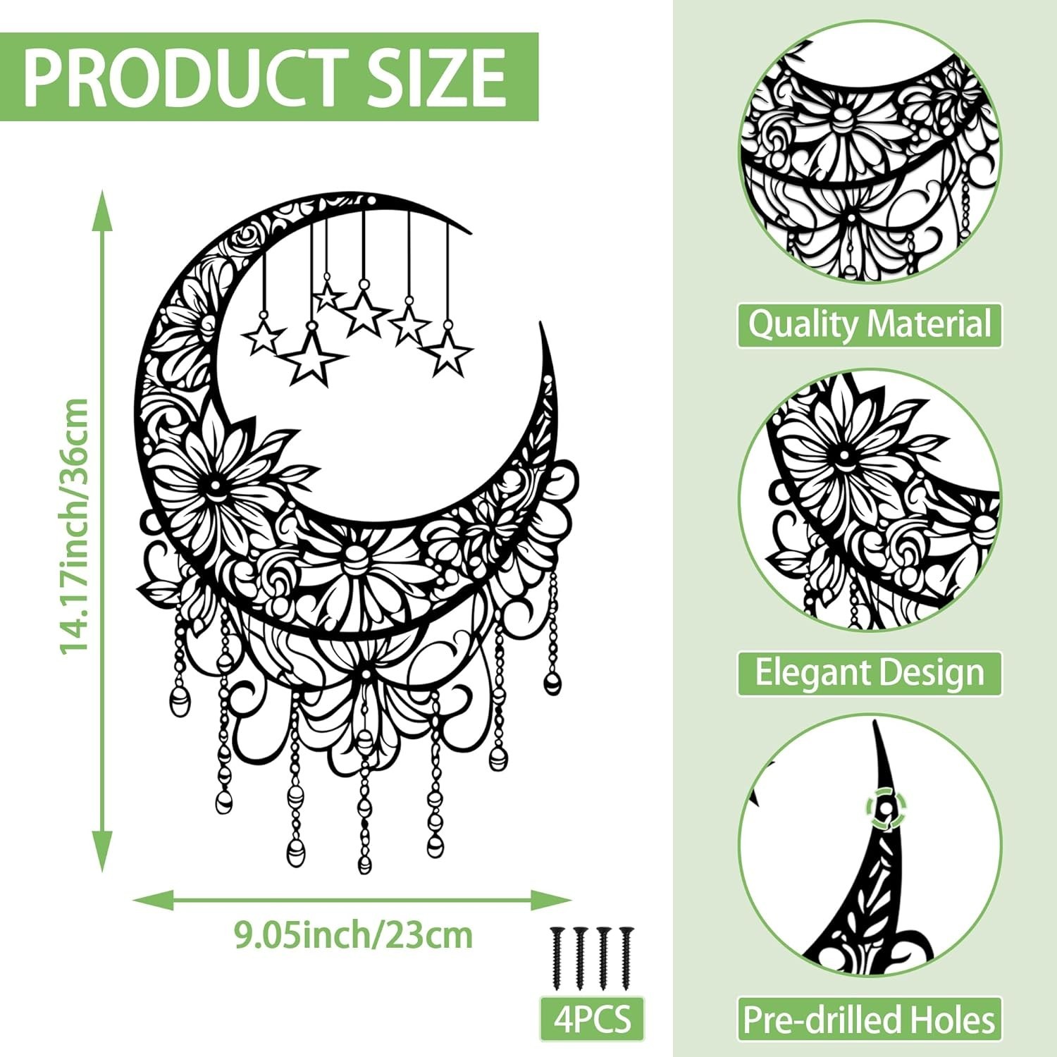 Black Metal Moon Wall Decor Boho Moon Phase Wall Art with Hanging Stars Flora…