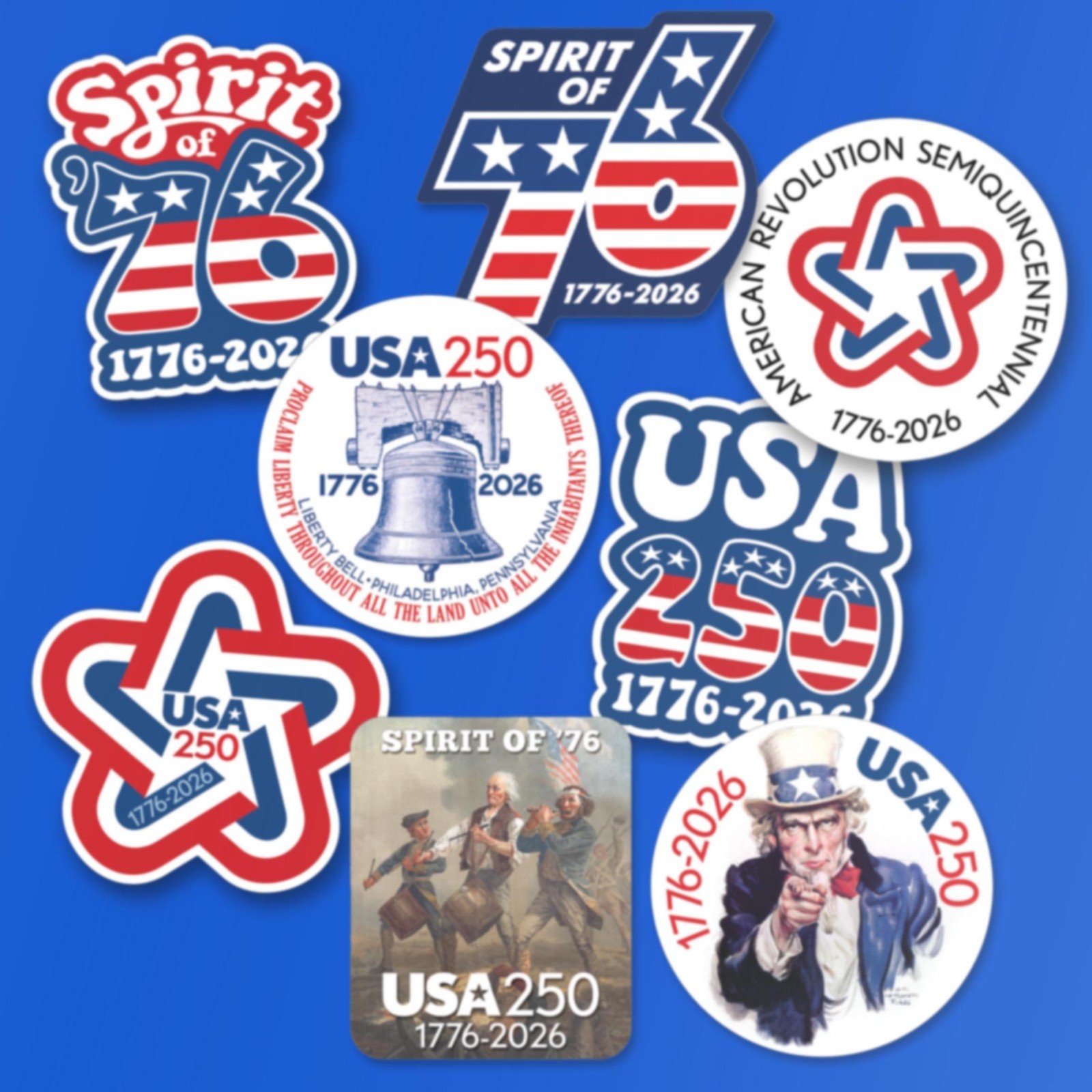 8 PACK Die Cut Stickers – America, Semiquincentennial, 250 Freedom USA