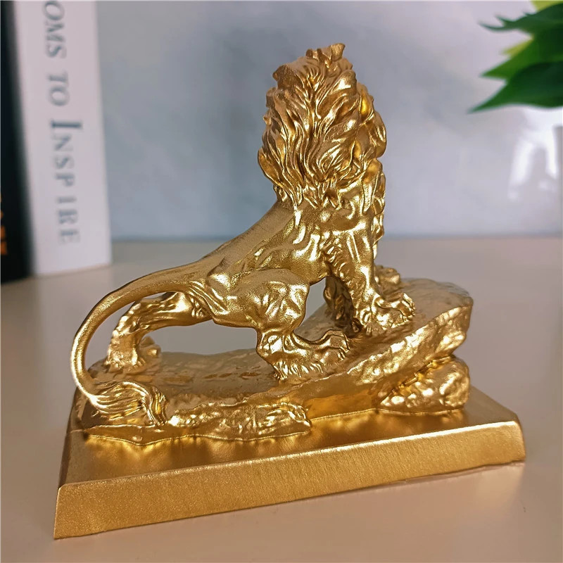 Golden Chinese Lion Resin Statues Feng Shui Animal Home Office Decor