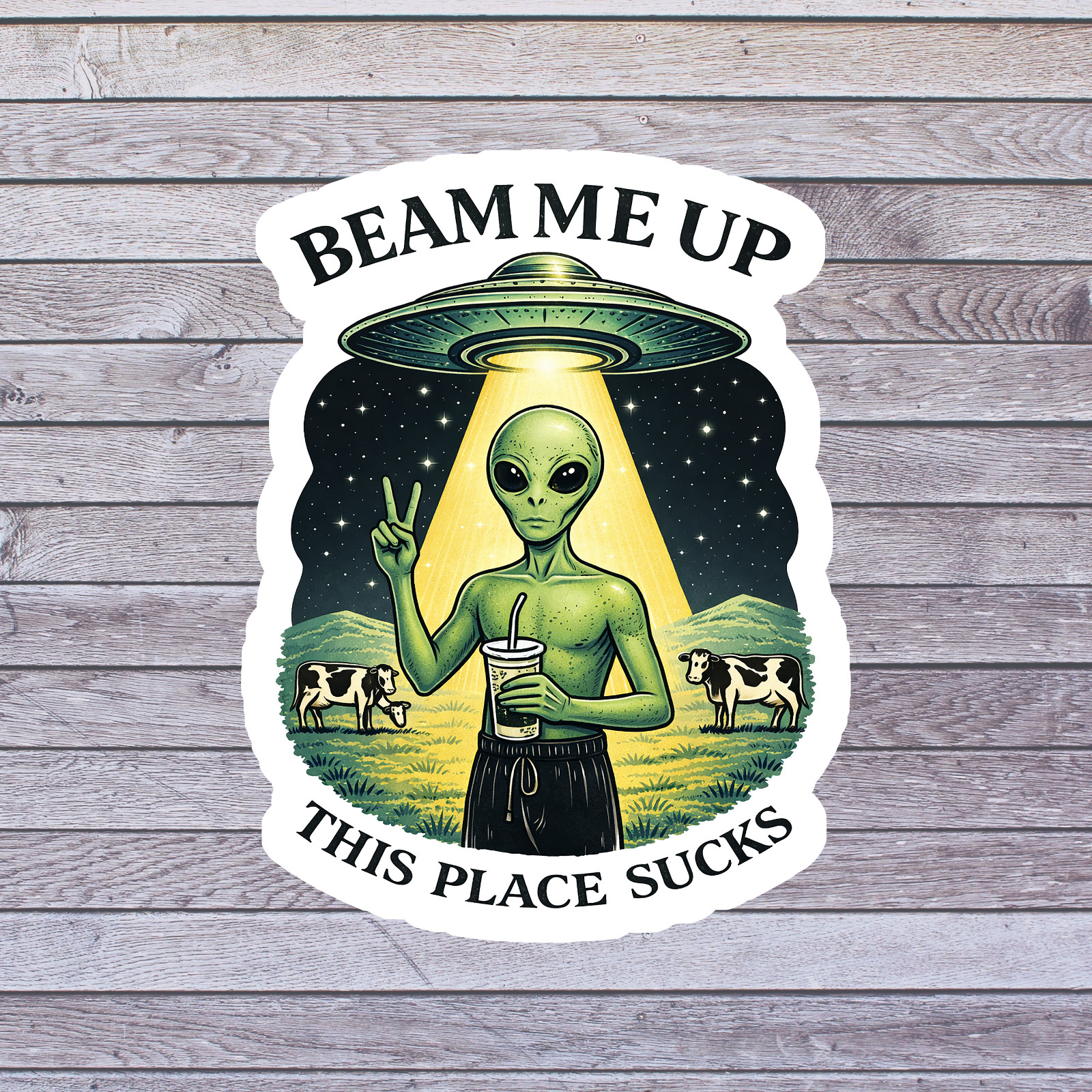 Alien sticker vinyl decal ufo peace sign alien cows night field scene