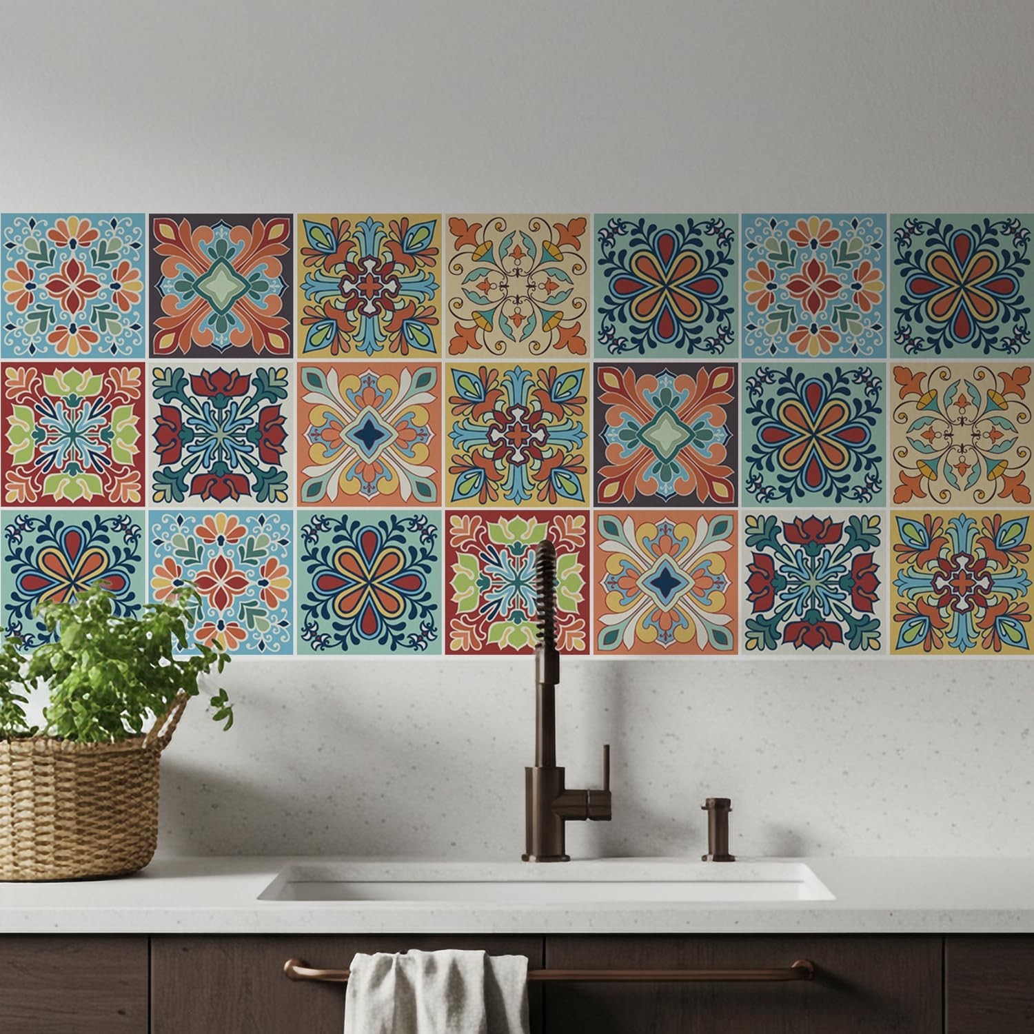 30 Pack, 4×4 Inch Colorful Bohemian Tile Stickers, Peel and Stick Patchwork V…