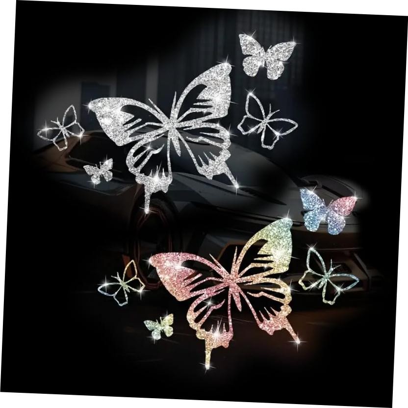 2PCS Sparkling Heart Butterflies Self-Adhesive PVC Rainbow Glittery Decal