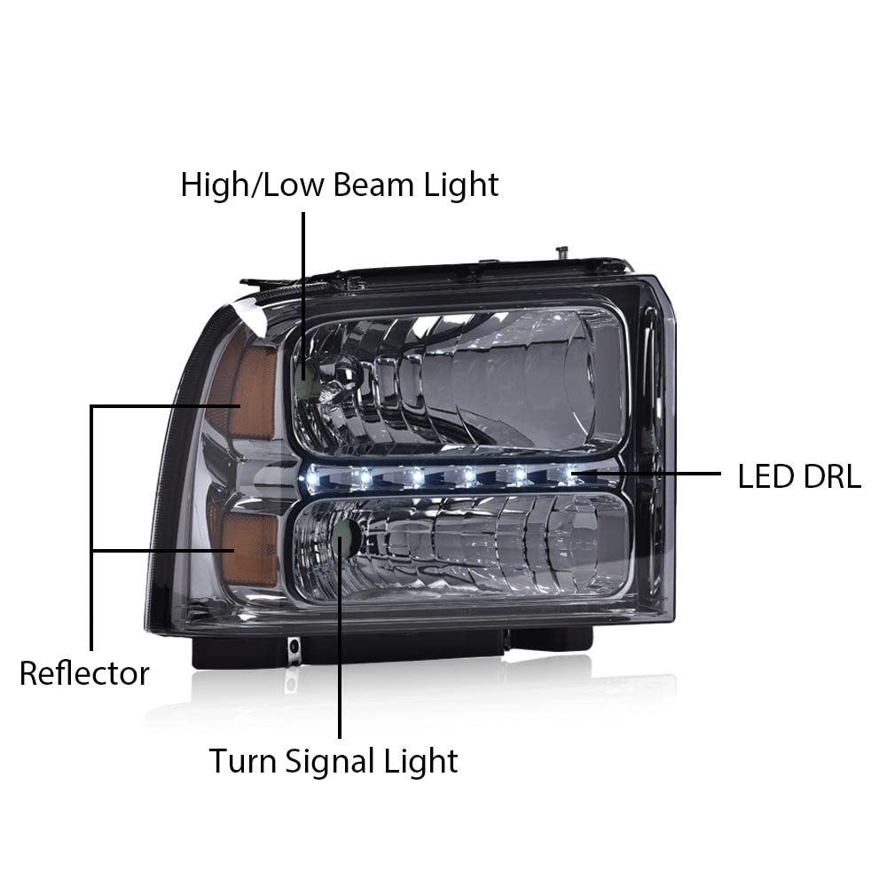 Ford F250-F550 05-07 LED Point Style Headlamps Smoky Lens Chrome Amber DRL BAR