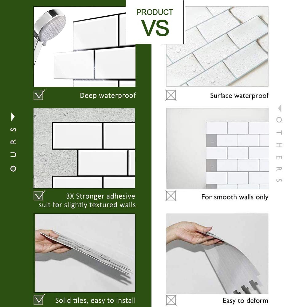 10-Sheet Backsplash Peel and Stick Subway Tile, Self Adhesive Vinyl Wall Tile…