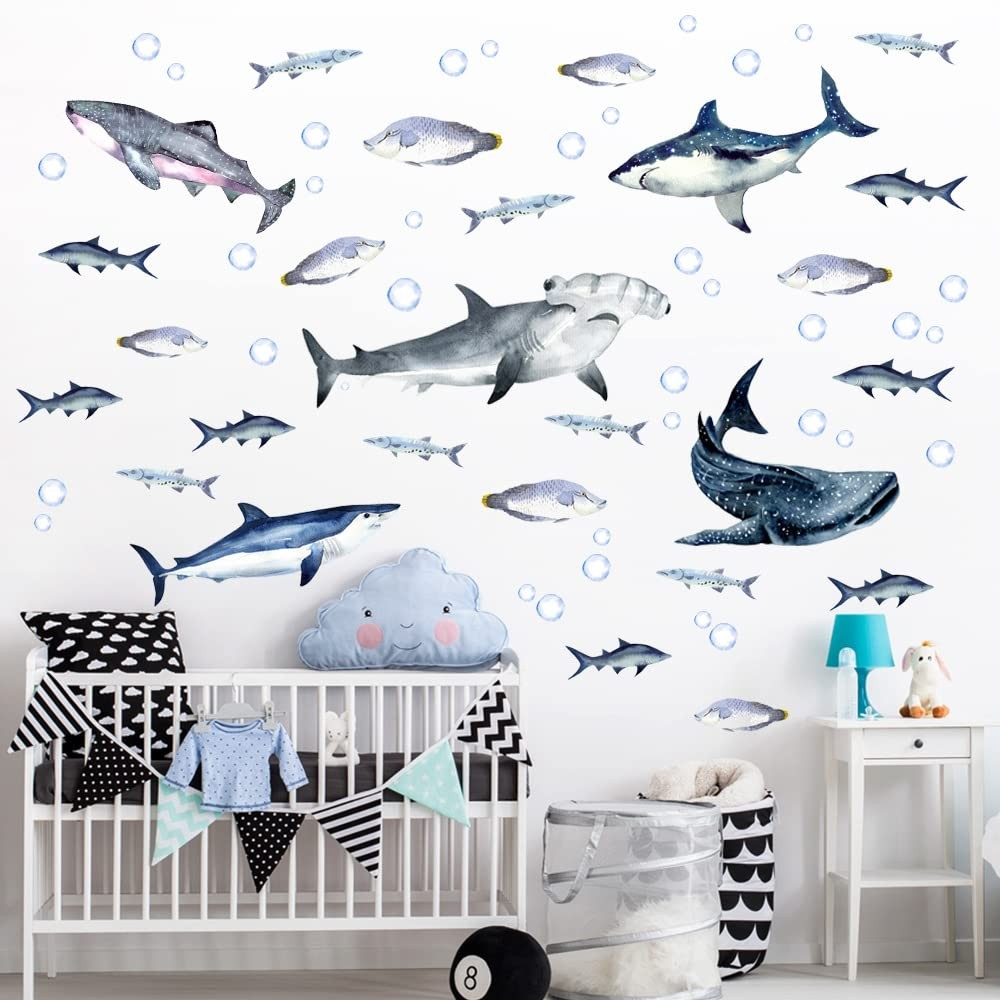 Buiory Sharks Wall Stickers Watercolor Decals Peel and Stick E